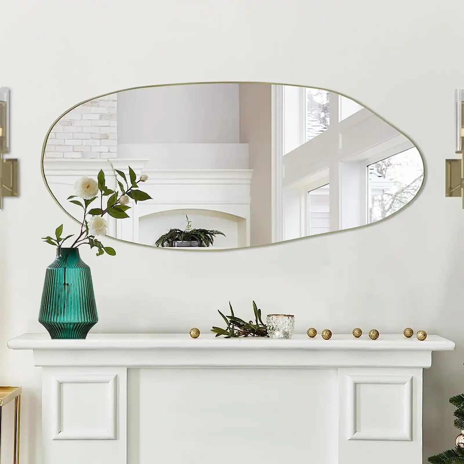 Irregular Mirror, Asymmetrical Mirror, Modern Dressing Wall Mirror, Gold Framed Decorative Glam Mirror, Irregular Body Mirror for Fireplace Living Room Bathroom Bedroom Entryway, 47.2"x20"