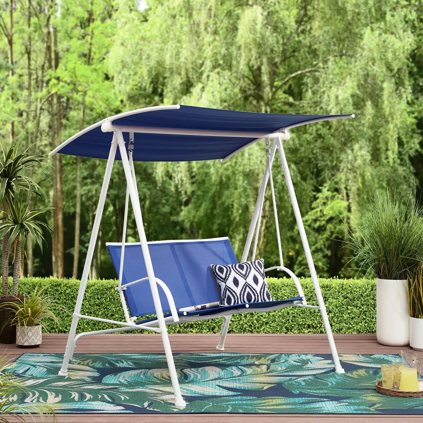 Relax and Swing in Style with a 2-Person Steel Canopy Porch Swing | Durable Frame and Weather-Resistant Sling Fabric | Perfect for Outdoor Comfort