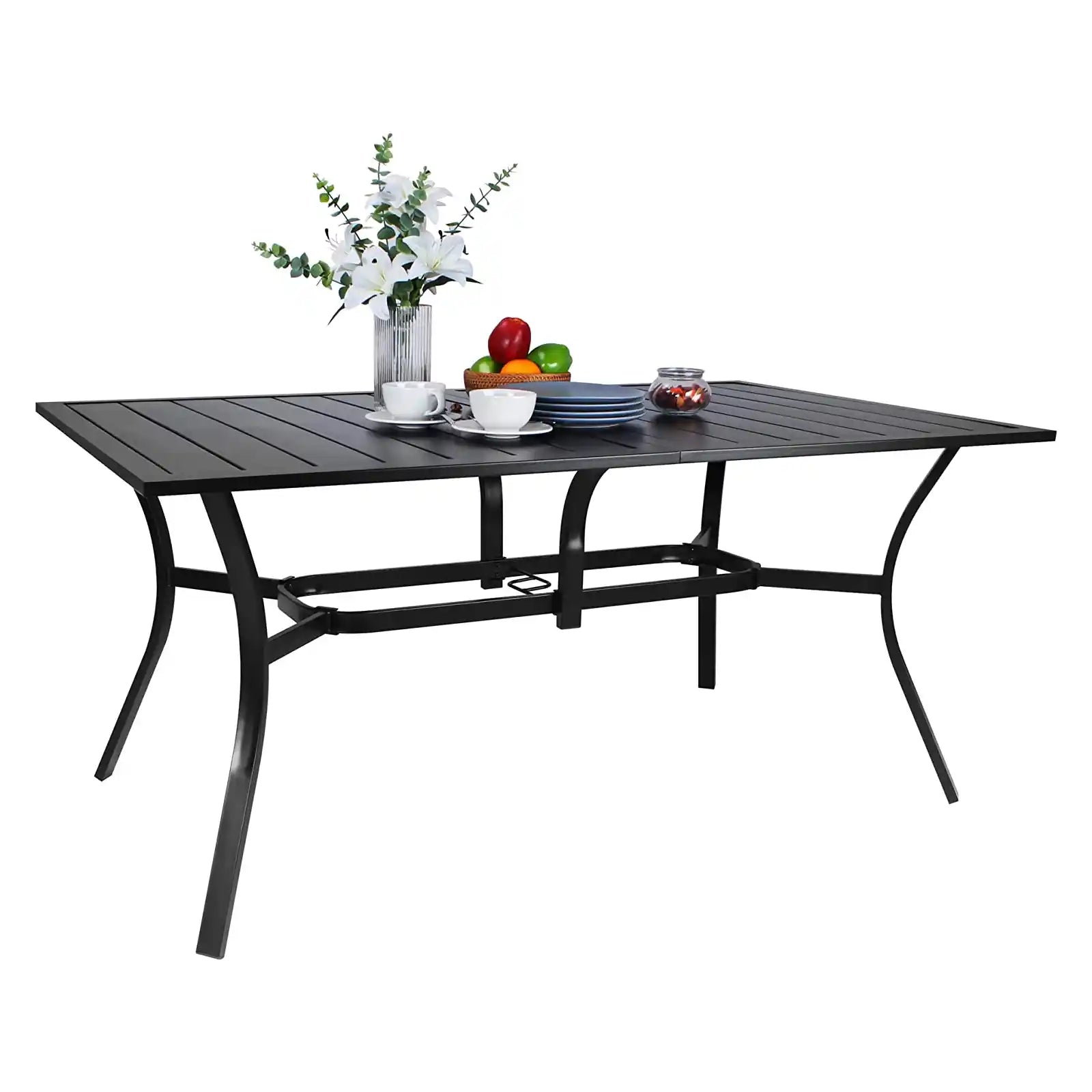 Mesa para exterior de 63 pulgadas, mesa de comedor negra rectangular clásica de acero y metal para patio 