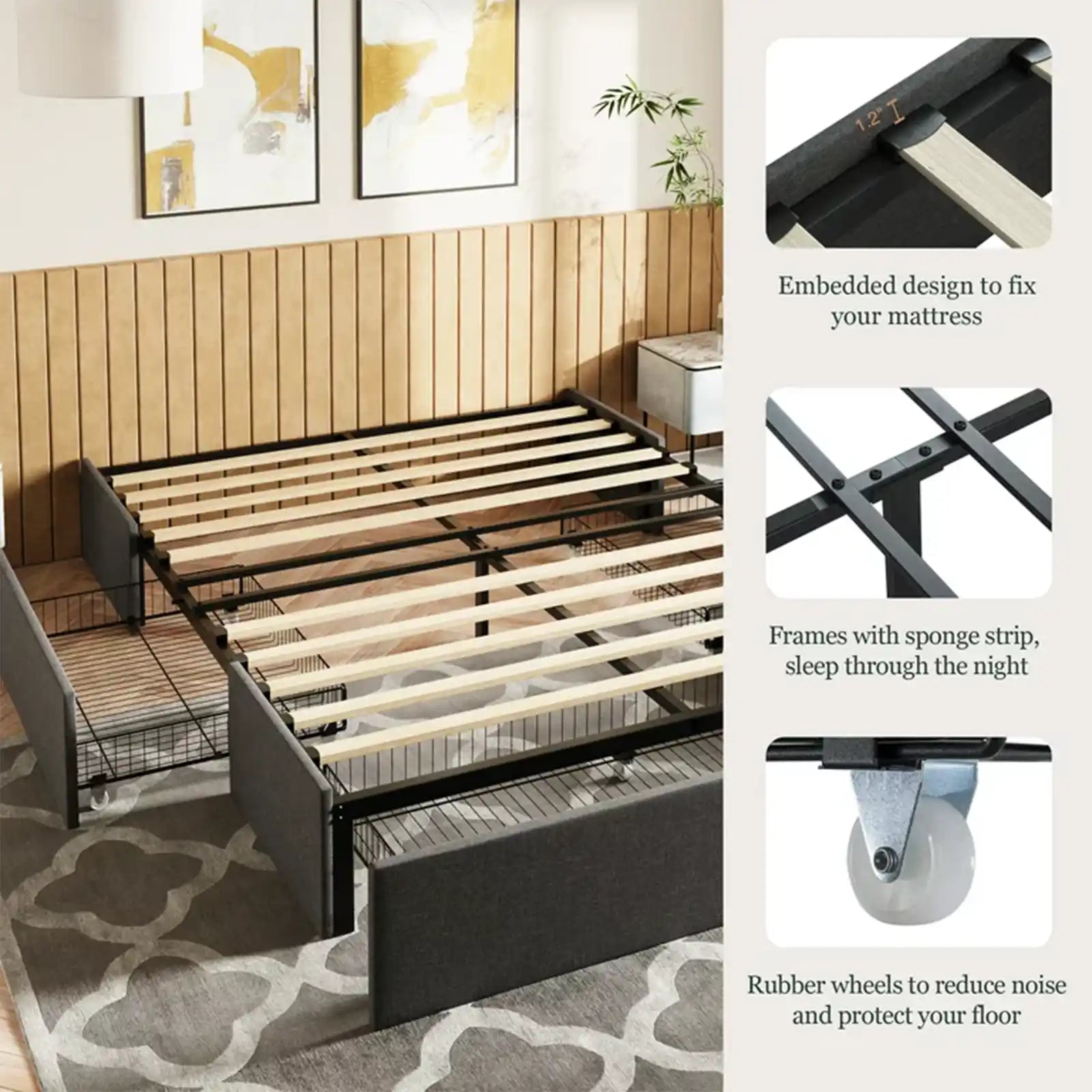 Upholstered Platform Bed Frame with 3 Storage Drawers and Wooden Slats, Dark Grey