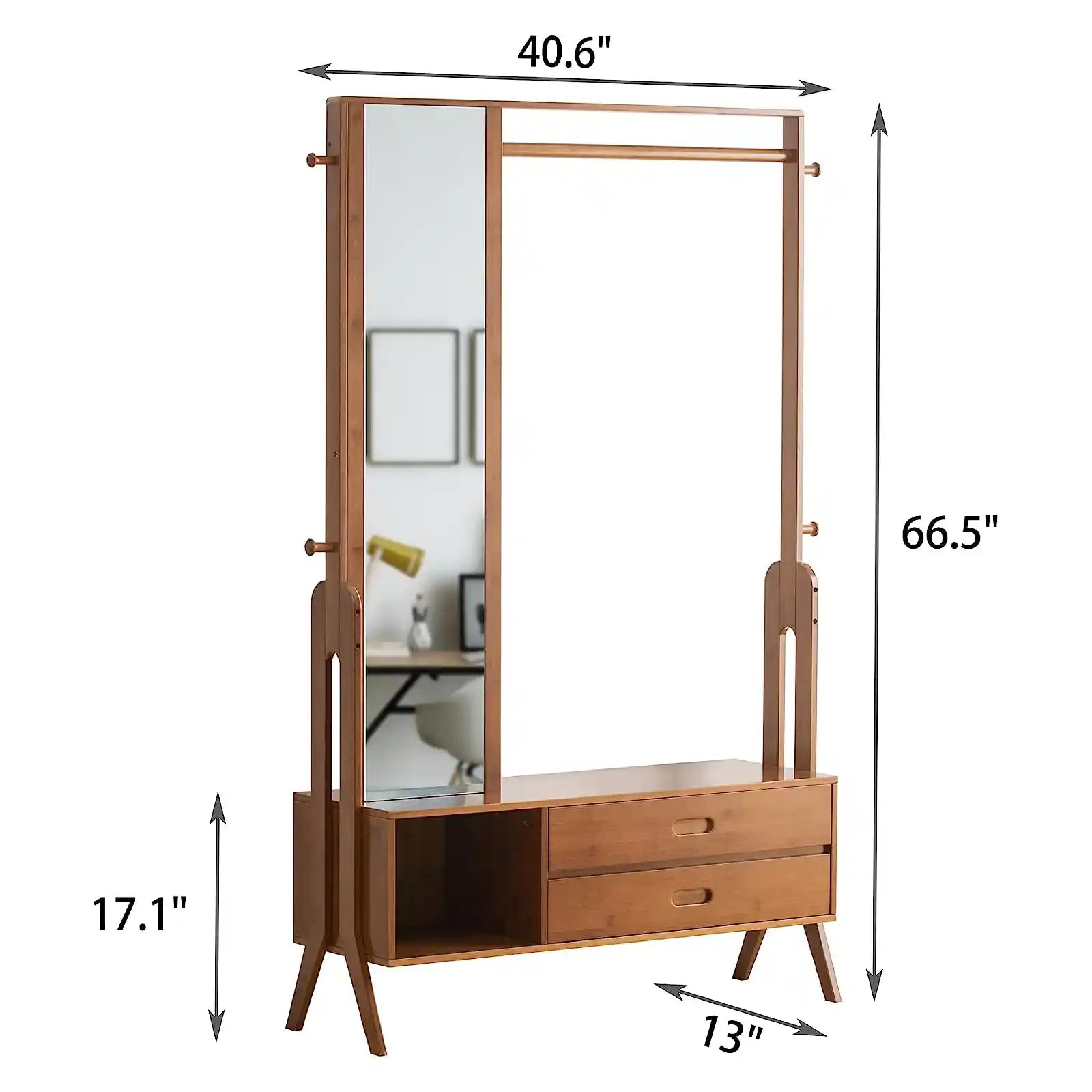 Bamboo Wooden Garment Rack Freestanding Closet Organizers and Storage Drawers with Mirror&Hooks, Coat Rack, Open Wardrobe for Entryway