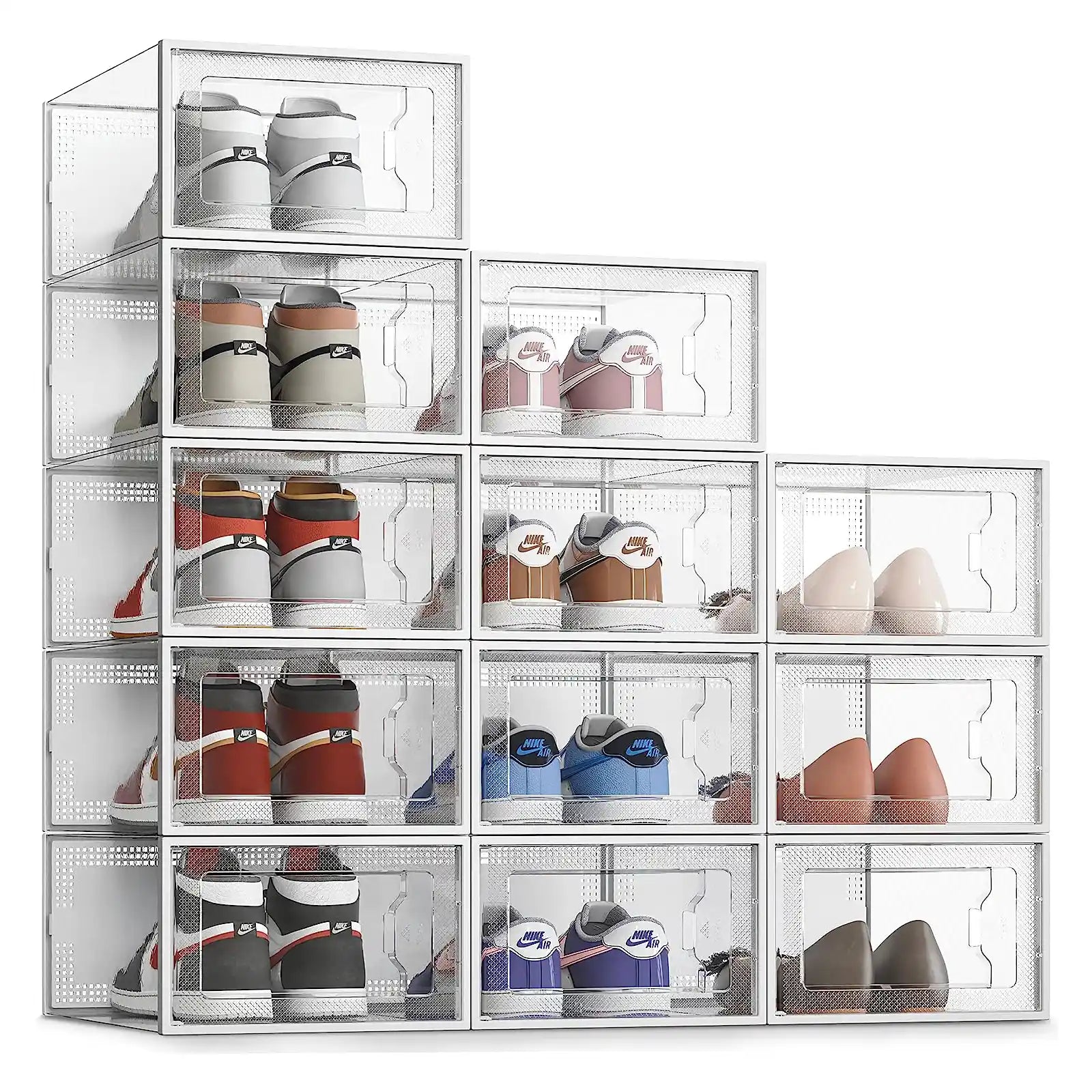 Paquete grande de 12 cajas de almacenamiento de zapatos, organizador de zapatos apilable de plástico transparente para armario, zapatero plegable para ahorrar espacio, contenedor para zapatillas