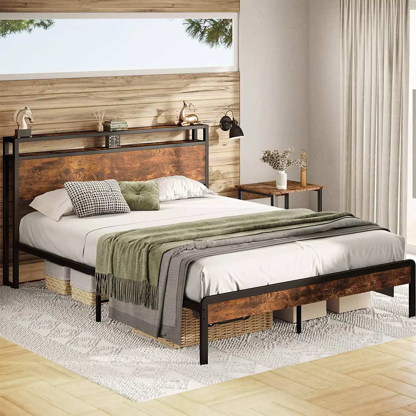 Platform Bed with 2-Tier Storage Headboard, Solid and Stable, Noise Free, No Box Spring Needed, Easy Assembly