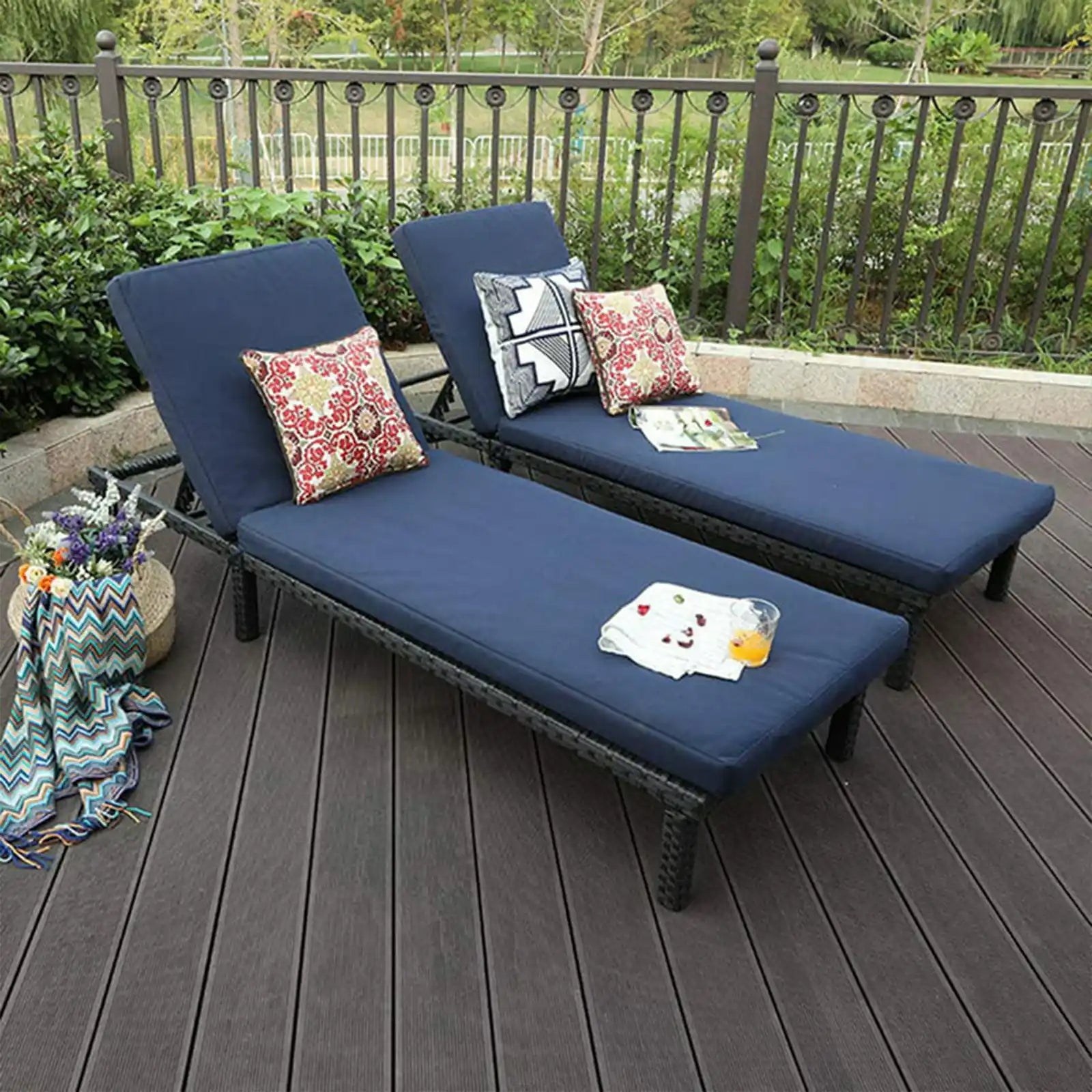 Outdoor Patio Wicker Rattan Chaise Lounge Chairs with Cushion & Adjustable Backrest, Set of 2