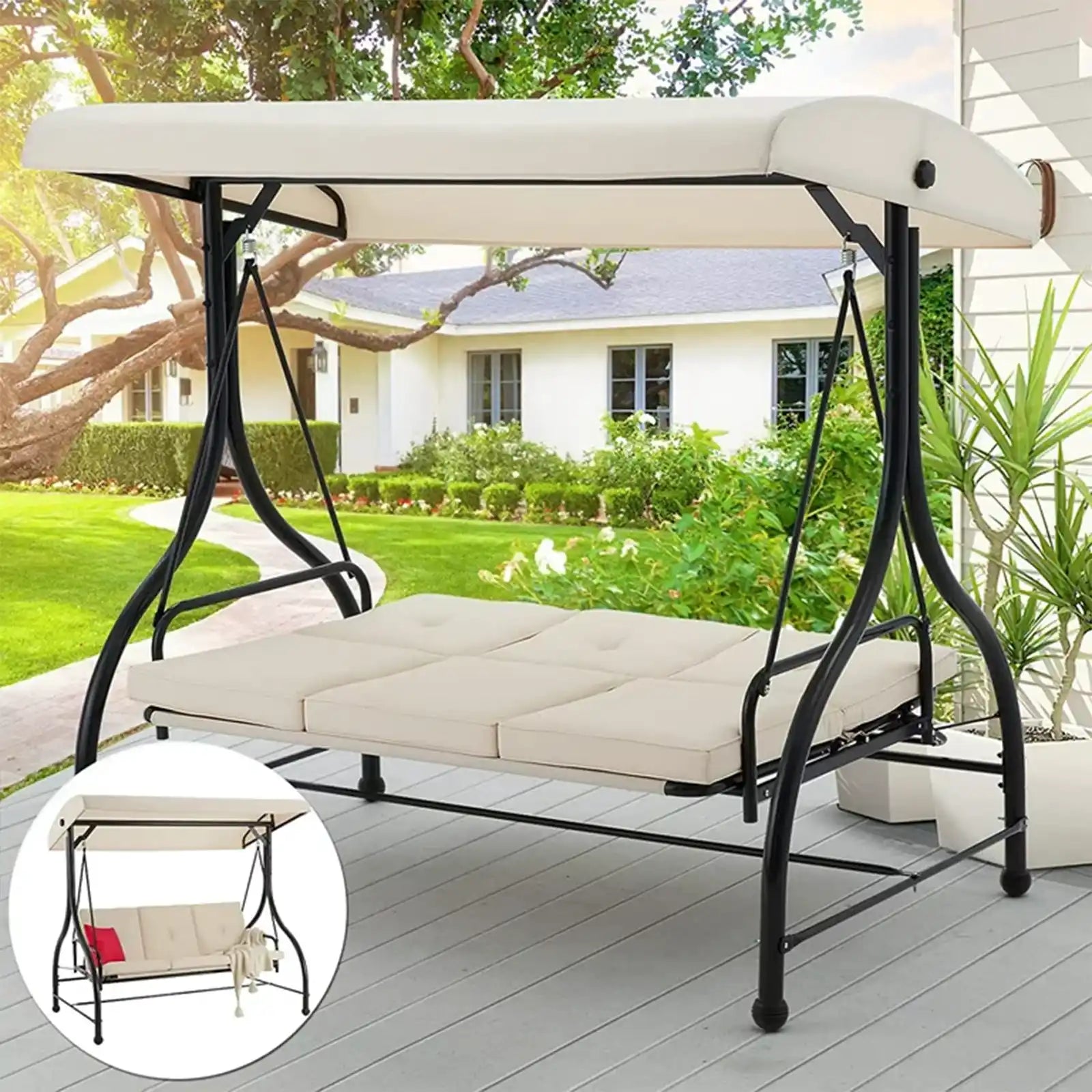 3 Persons Outdoor Patio Swing Chair, Converting Swing Glider Hammock
