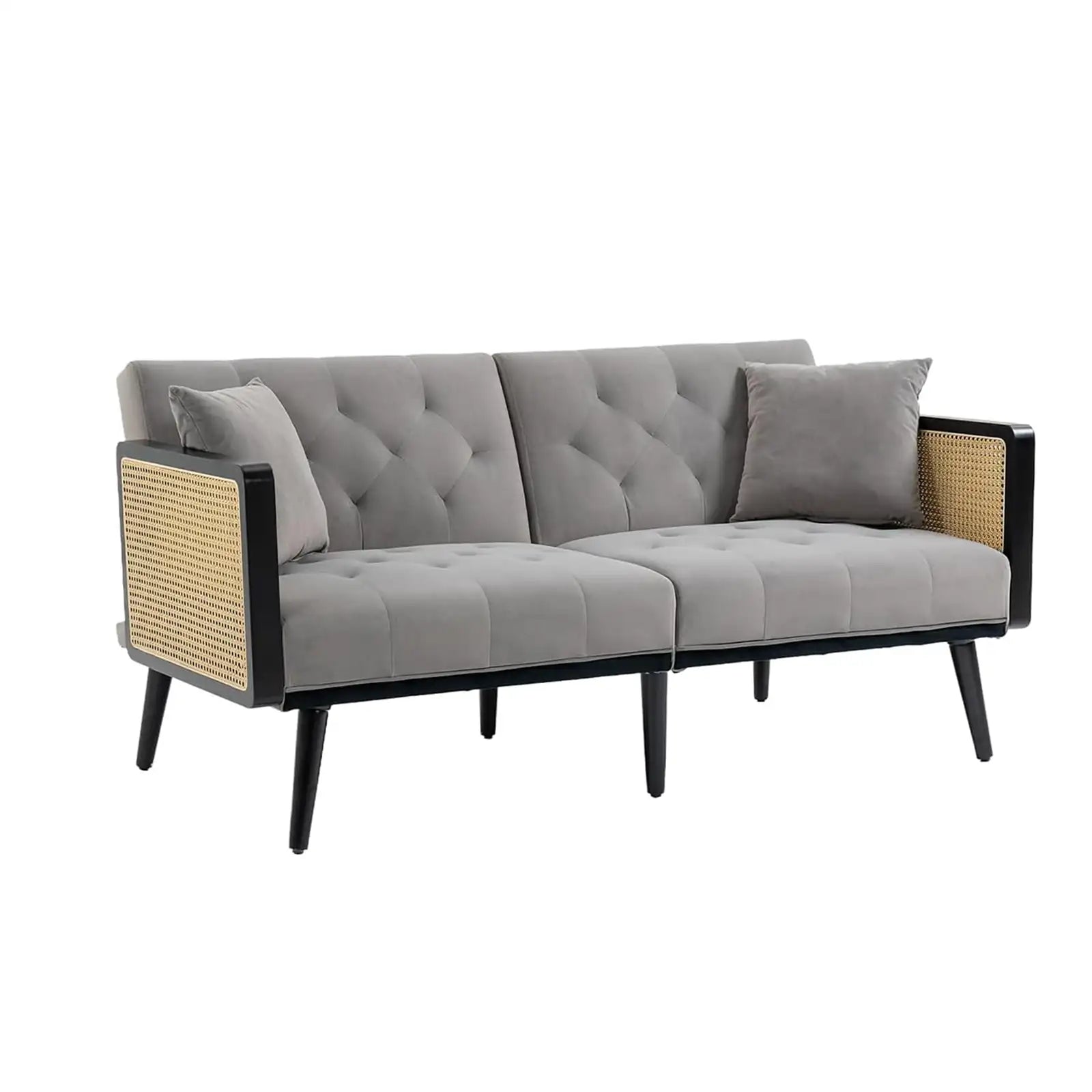 Rattan Tufted Couch, Modern Linen Sleeper Sofa, Large Comfy Upholstered Loveseat