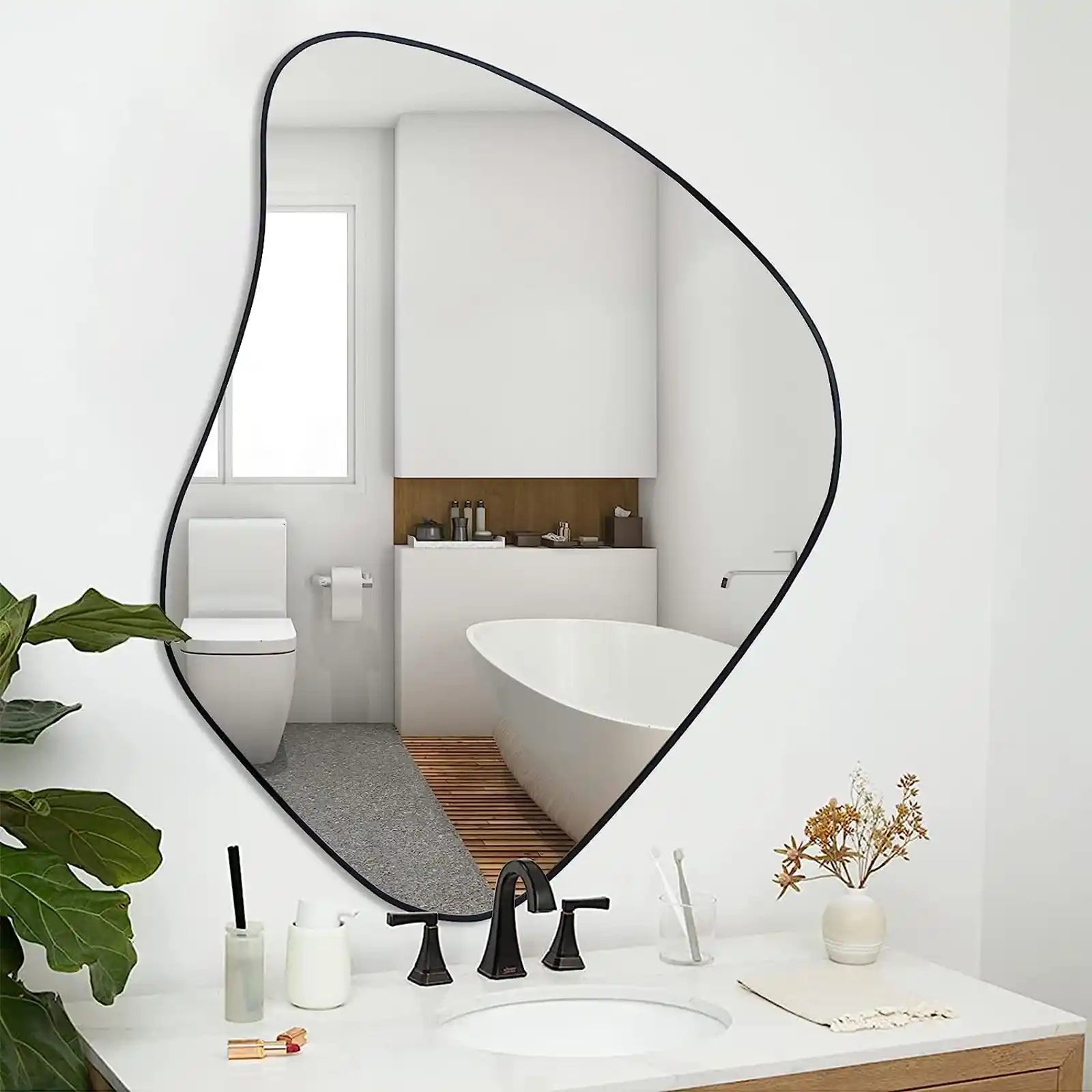 Espejo irregular, espejo asimétrico, espejo de baño, espejo decorativo, espejo ondulado, espejo geométrico, espejo de pared con marco negro para chimenea, sala de estar, dormitorio, entrada, 34 x 26.4 pulgadas 