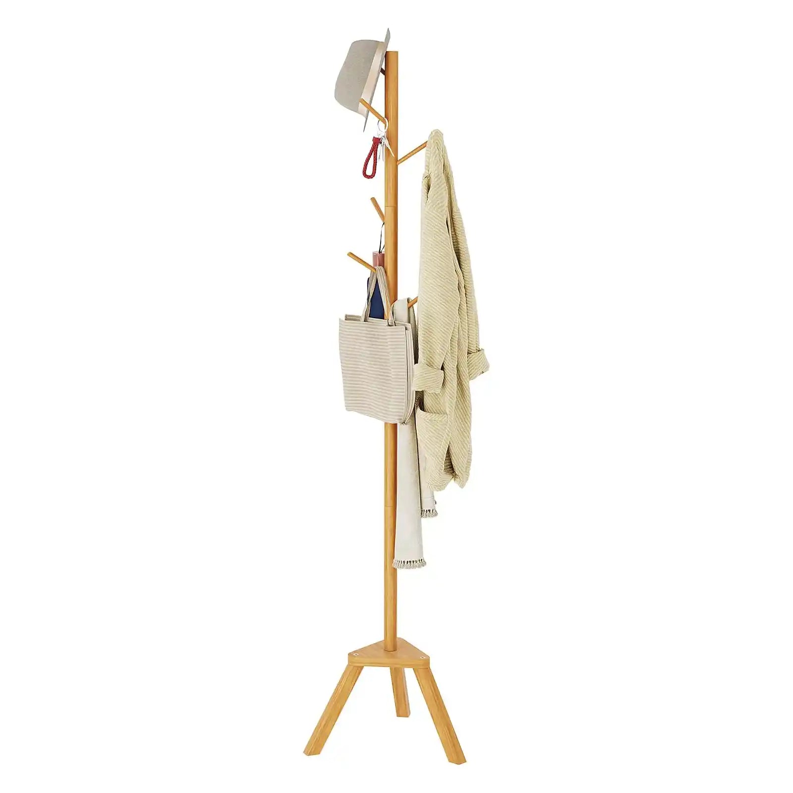 Coat Rack Stand, Premium Bamboo Free Standing Coat Rack with 6 Hooks, Easy Installation Clothes Hanger Stand,