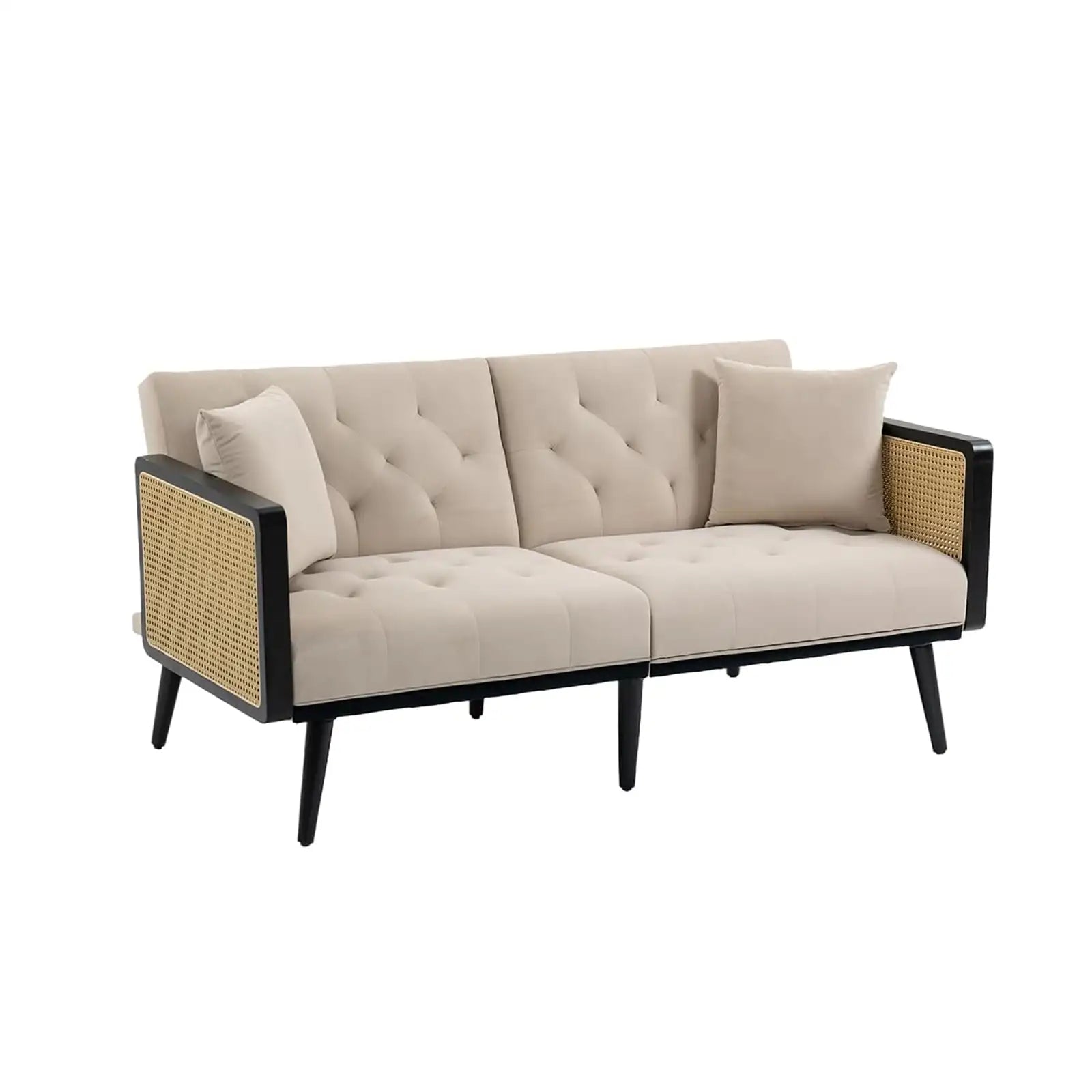Rattan Tufted Couch, Modern Linen Sleeper Sofa, Large Comfy Upholstered Loveseat