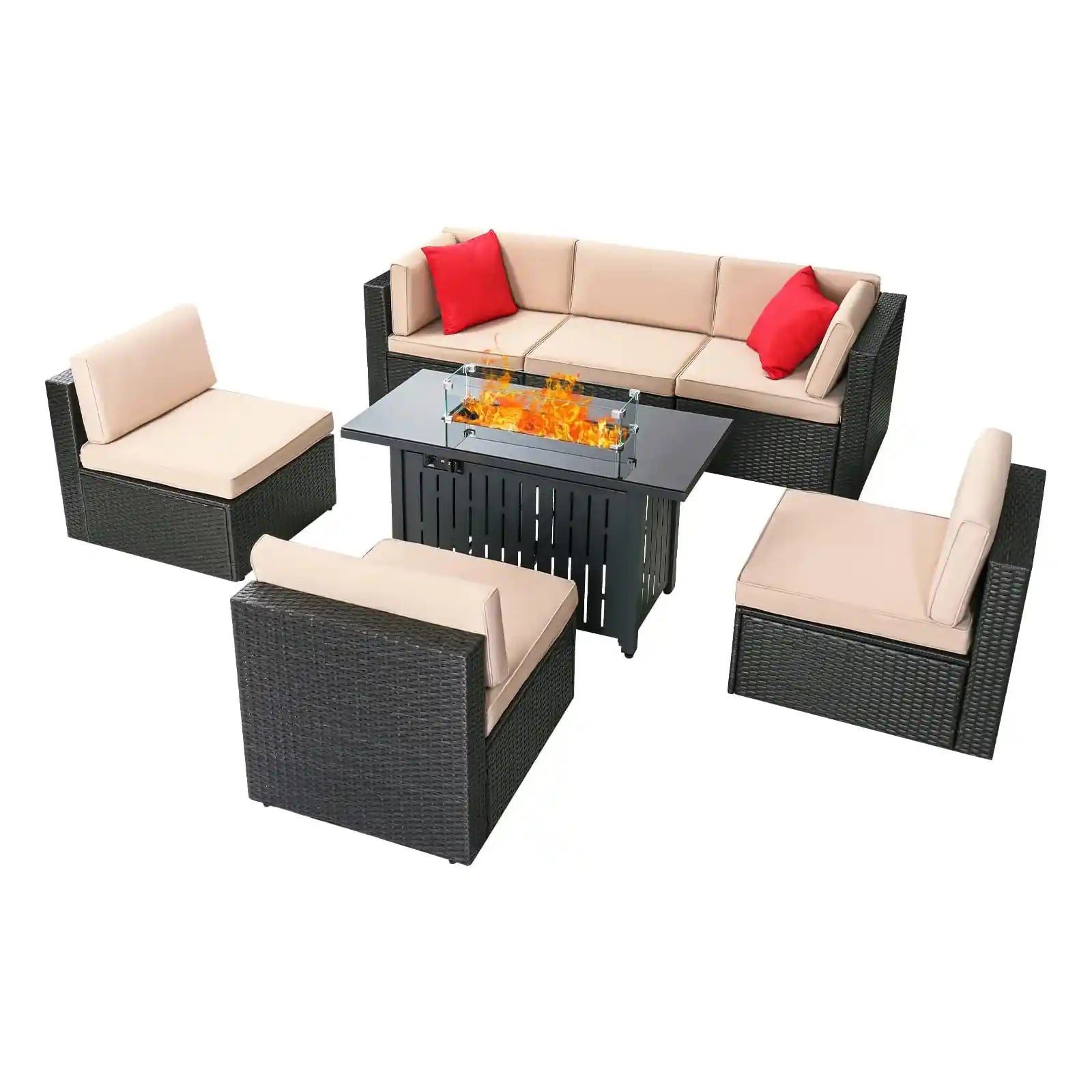7 Pieces Outdoor Patio Furniture Set Sectional Sofa Set with Propane Fire Pit Table and Cushions for Backyard, Bistro and Poolside