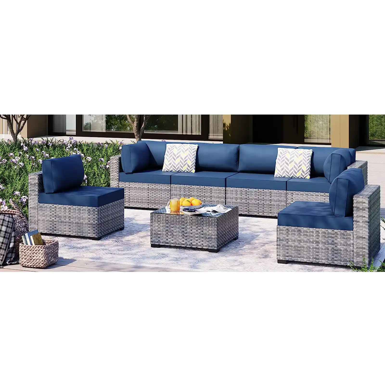 7pcs Patio Conversation Sets Outdoor Furniture Sets, High Back All-Weather Rattan Sectional Sofa with Tea Table&Washable Couch Cushions