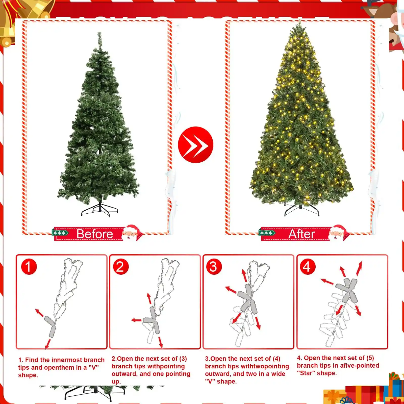 7.5ft Pre-lit Christmas Tree, Spruce Artificial Christmas Tree with Warm White Lights, Xmas Tree with Storage Bag and Metal Stand for Indoor and Outdoor Holiday Decoration
