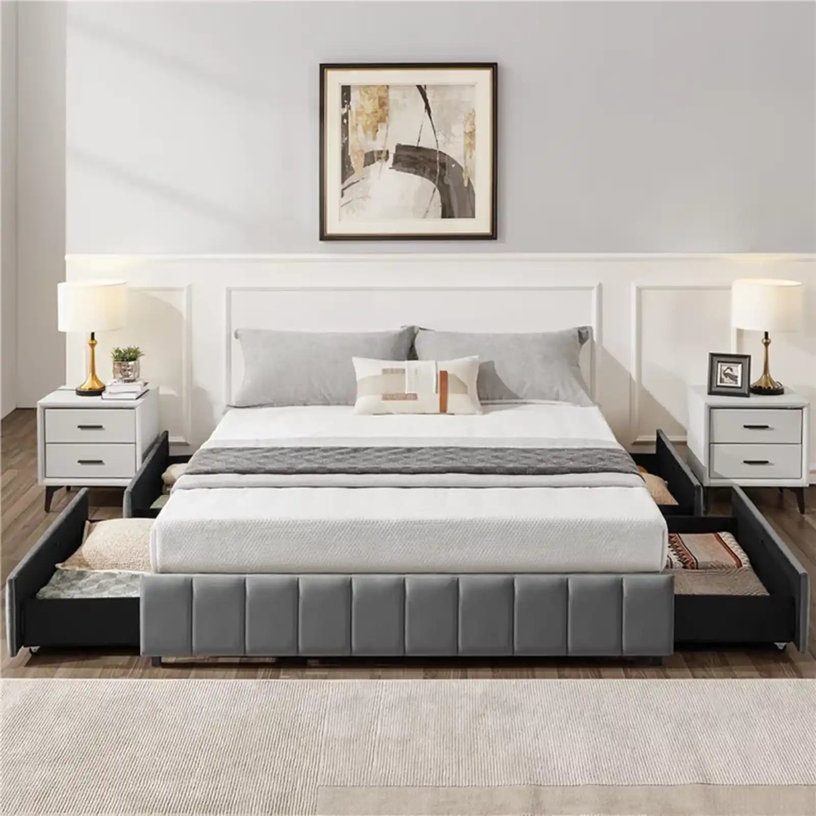 Upholstered Bed Frame with 4 Storage Drawers without Headboard