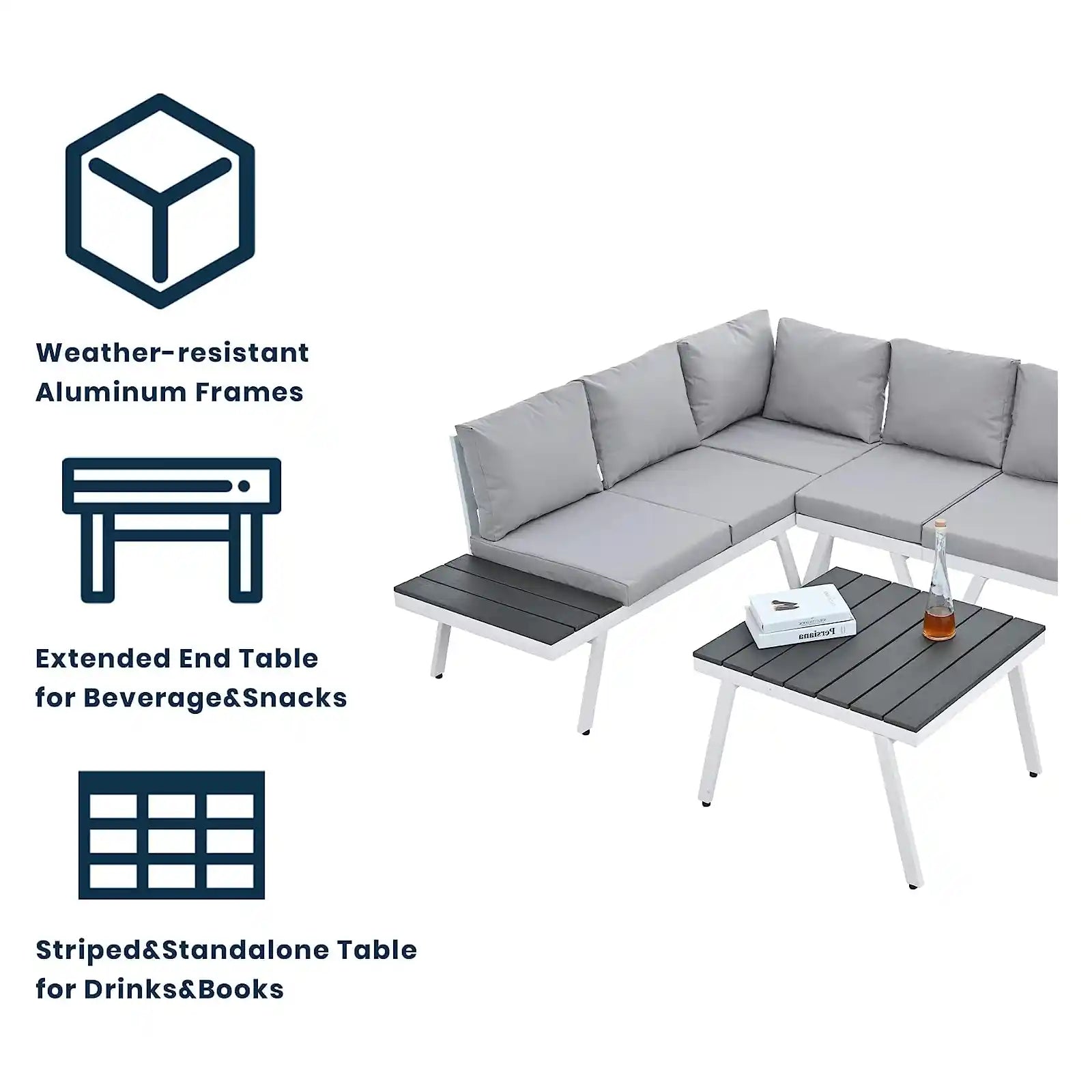 Industrial 5-Piece Aluminum Outdoor Patio Furniture Set, Modern Garden Sectional Sofa Set with End Tables, Coffee Table and Furniture Clips for Backyard