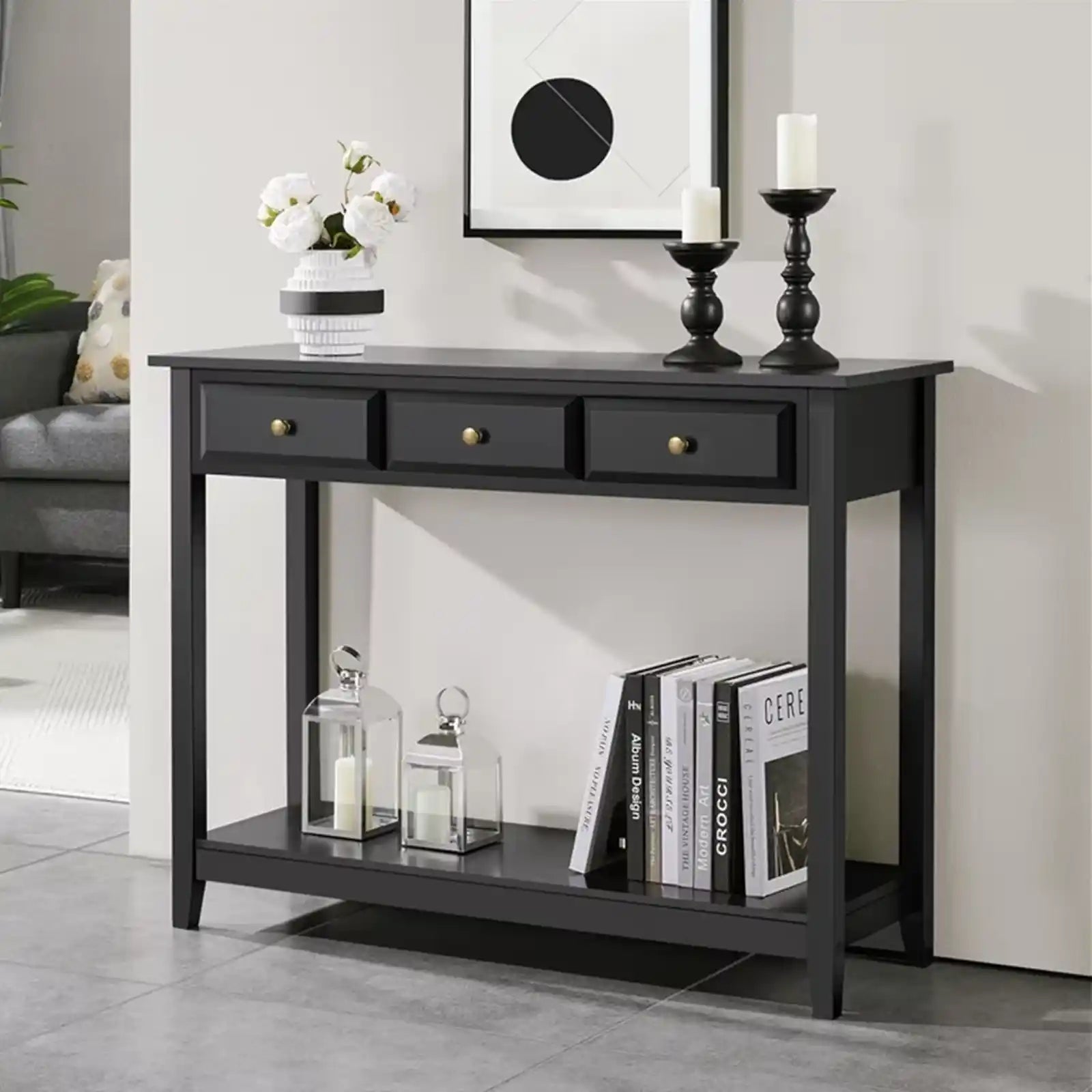 Modern Farmhouse Entryway Console Accent Table in Warm Oak with Faux Concrete Finished Wood Top