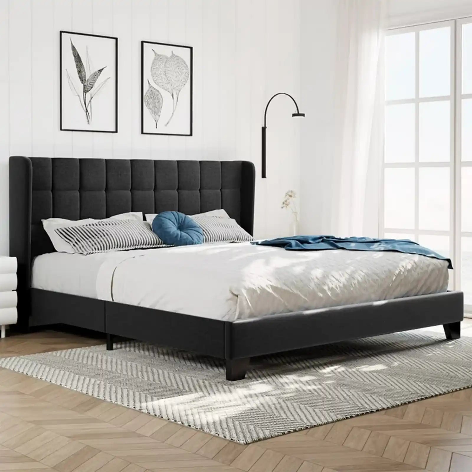 Platform Bed Frame with Wingback Fabric Upholstered Square Stitched Headboard