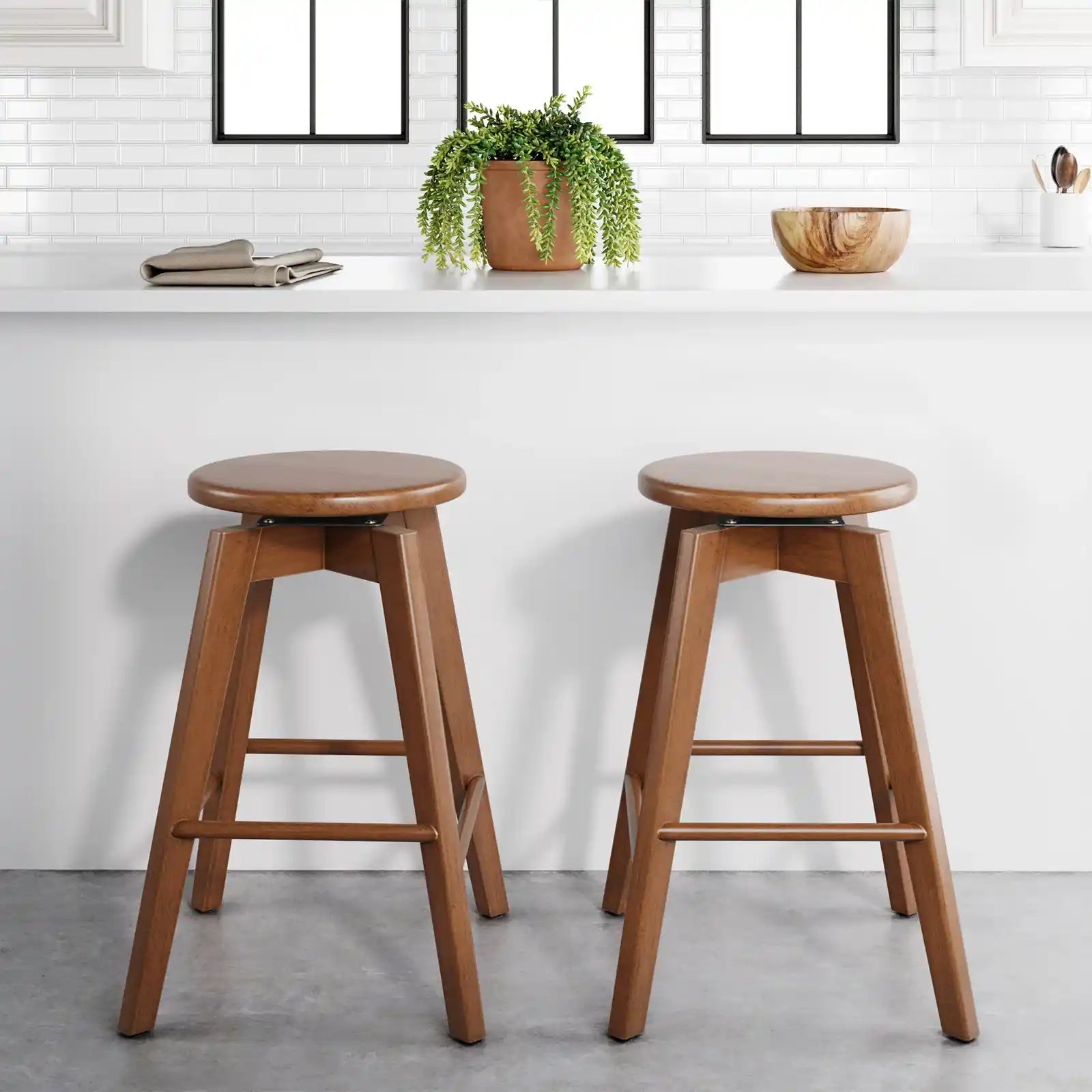 Backless Counter Height 360 Swivel Seat Solid Wood Bar Stool