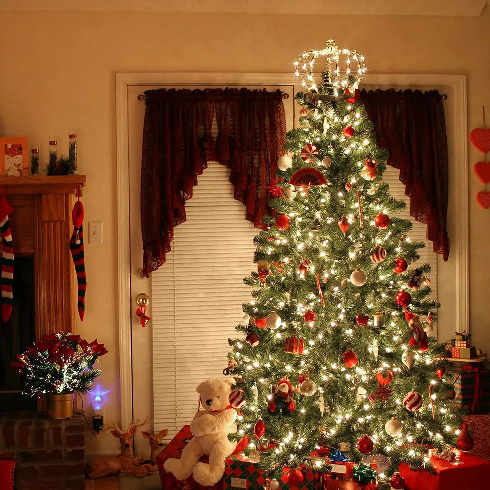 Adorno para árbol de Navidad, corona con joyas de estrella, 60 LED de color blanco cálido y 8 tiras de luces 