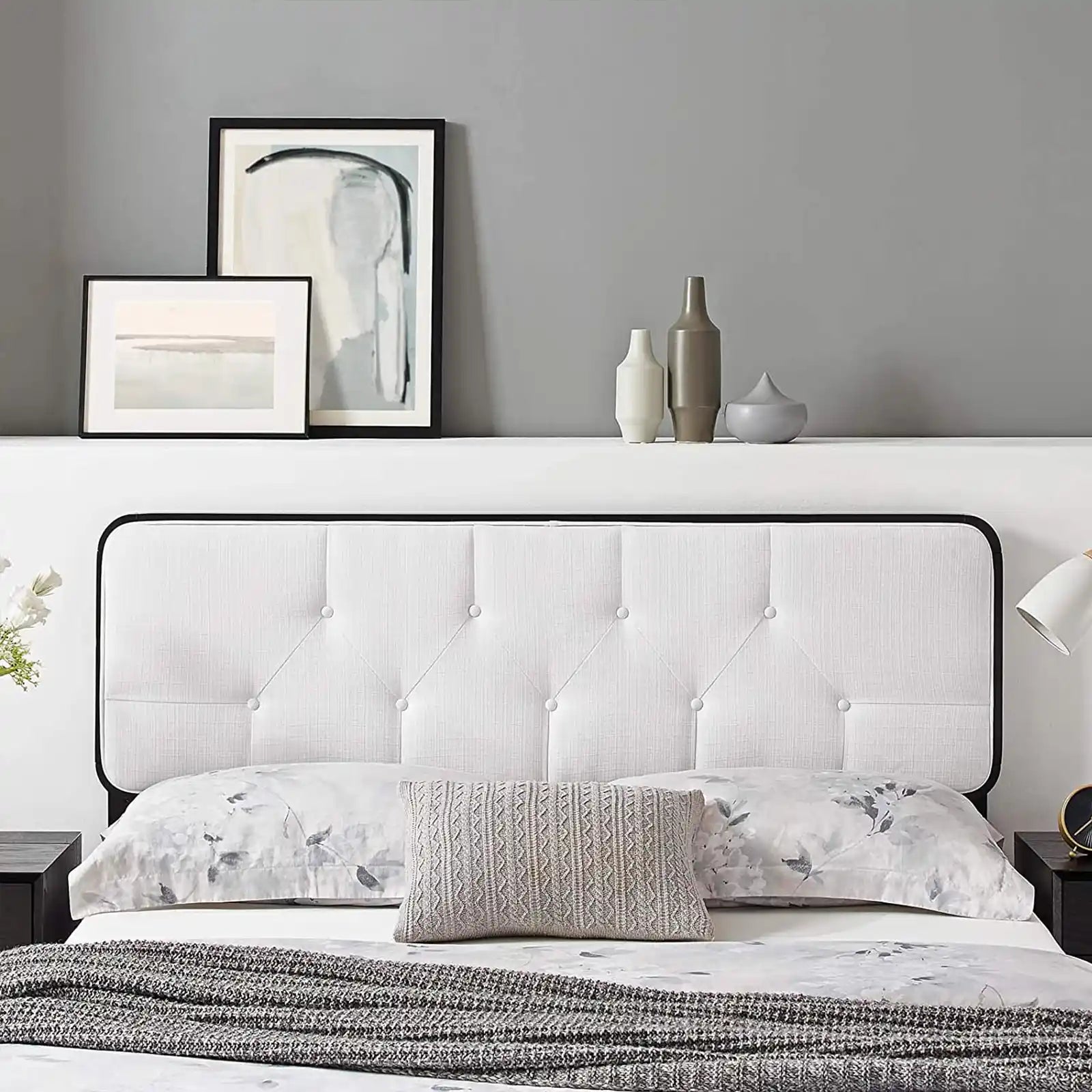 Tufted Fabric and Wood King Headboard in White