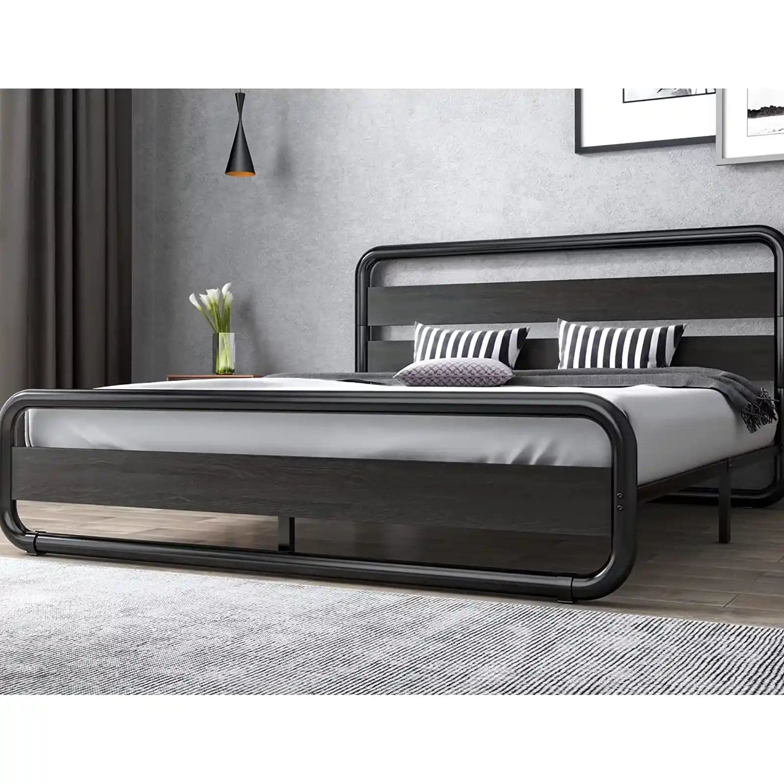 Heavy Duty Rounded Shaped Platform Bed Frame with Wooden Headboard