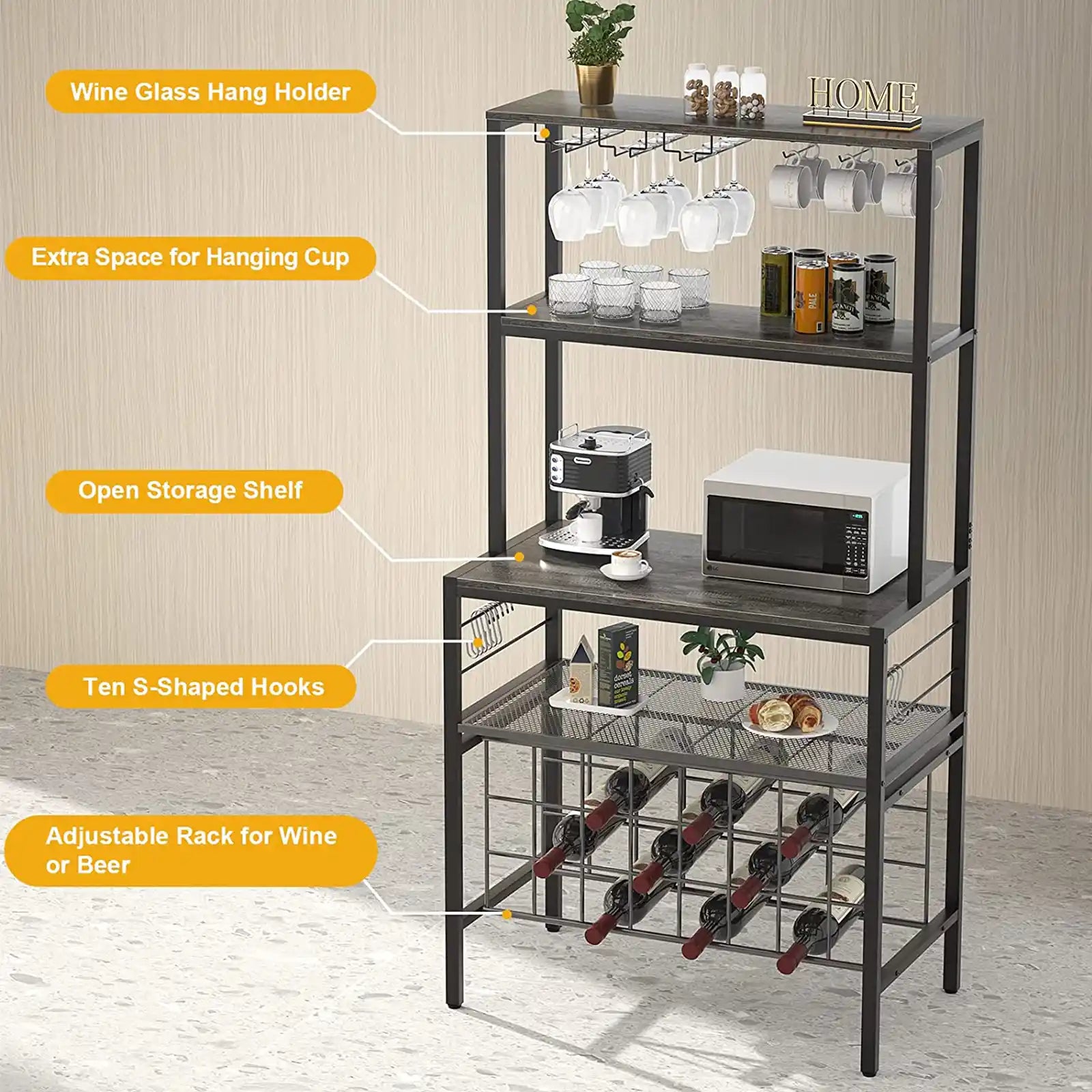 FreeStanding Wine Bar Rack, Wine Coffee Bar Cabinet with Glass Bottle Holder