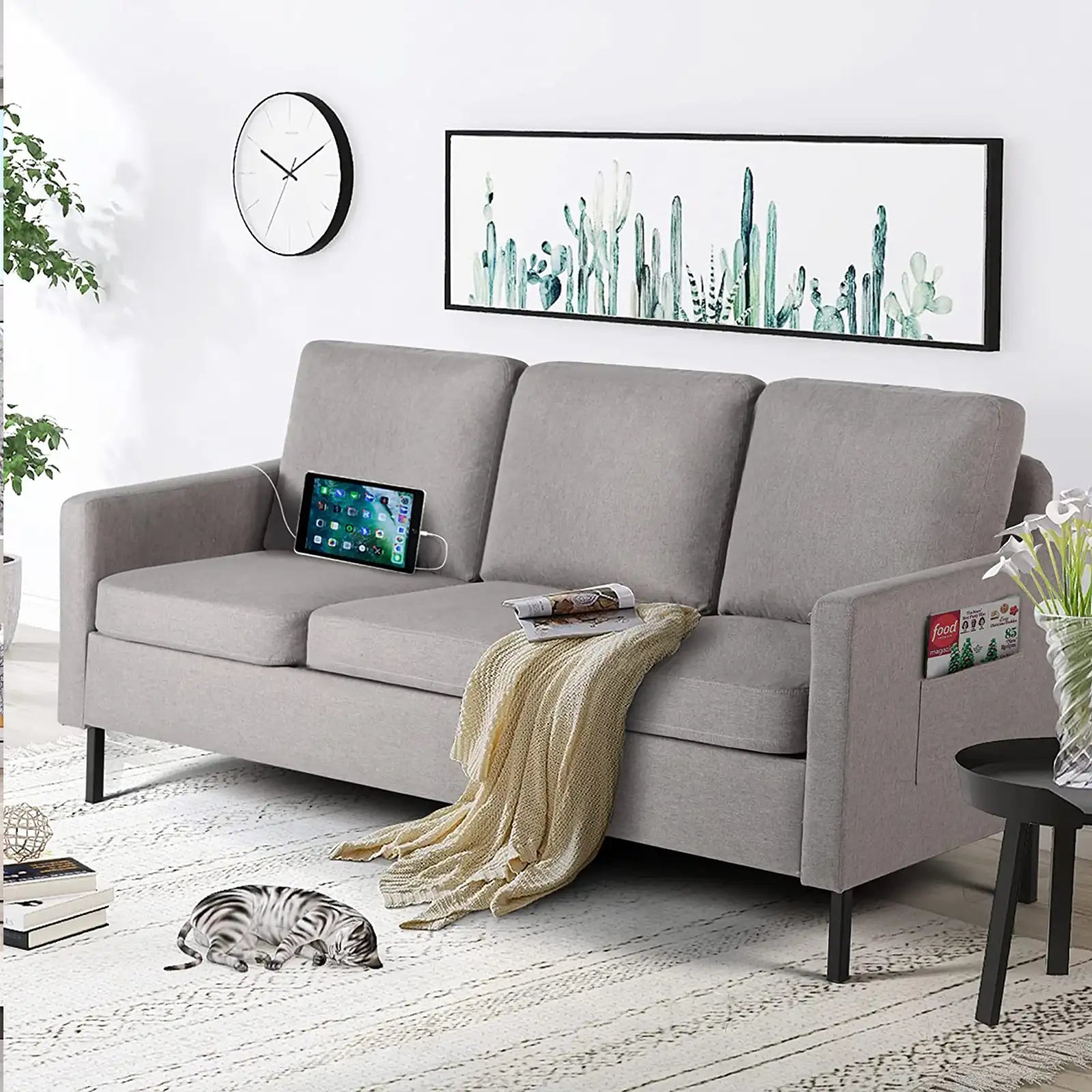 Mid Century Modern 3 Seater Sofa and Fabric Loveseat Sofa with 2 USB - Modern Comfy Accent Arm Chair