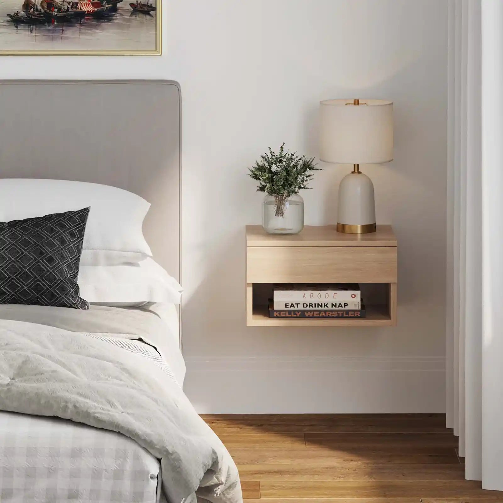 Mesita de noche flotante de madera bohemia moderna con cajón de almacenamiento para dormitorio