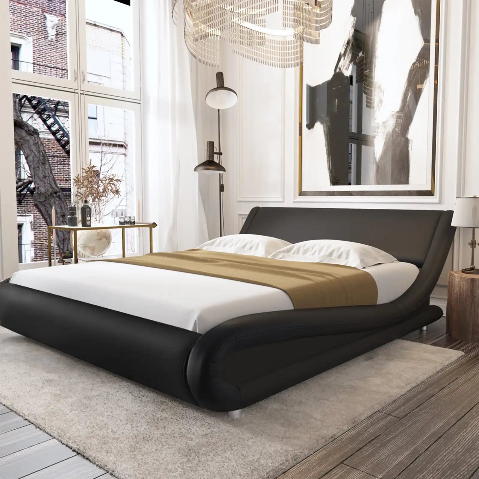 Marco de cama de plataforma moderna con cabecera ajustable curvada