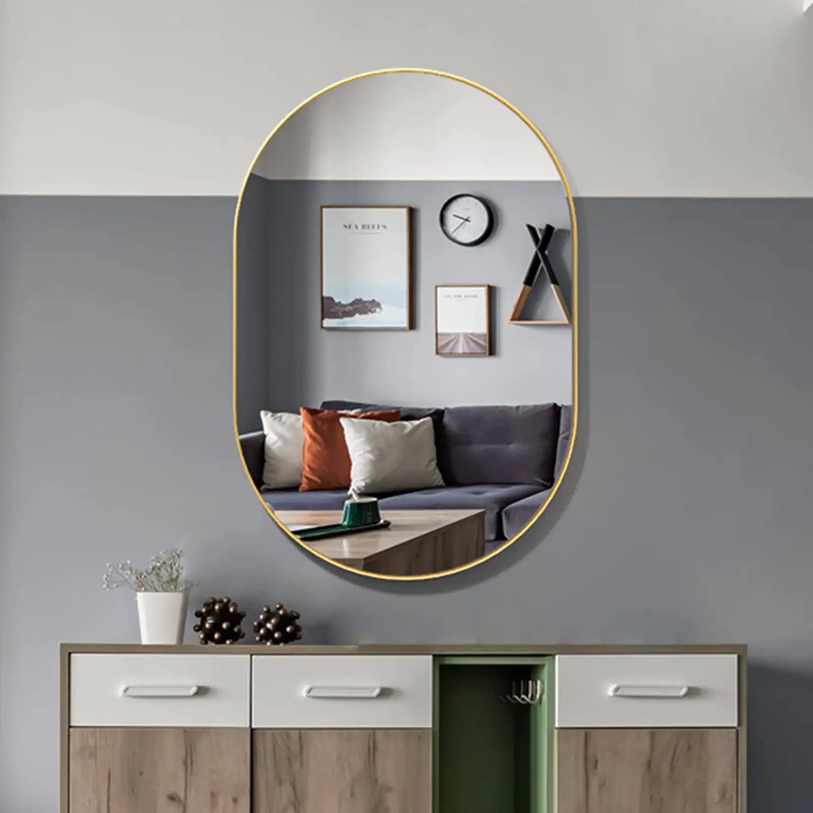 Espejo ovalado, espejo redondo, espejo con marco de metal, colgar horizontal o verticalmente, espejo único montado en la pared, espejo de tocador dorado para sala de estar, baño, dormitorio, entrada