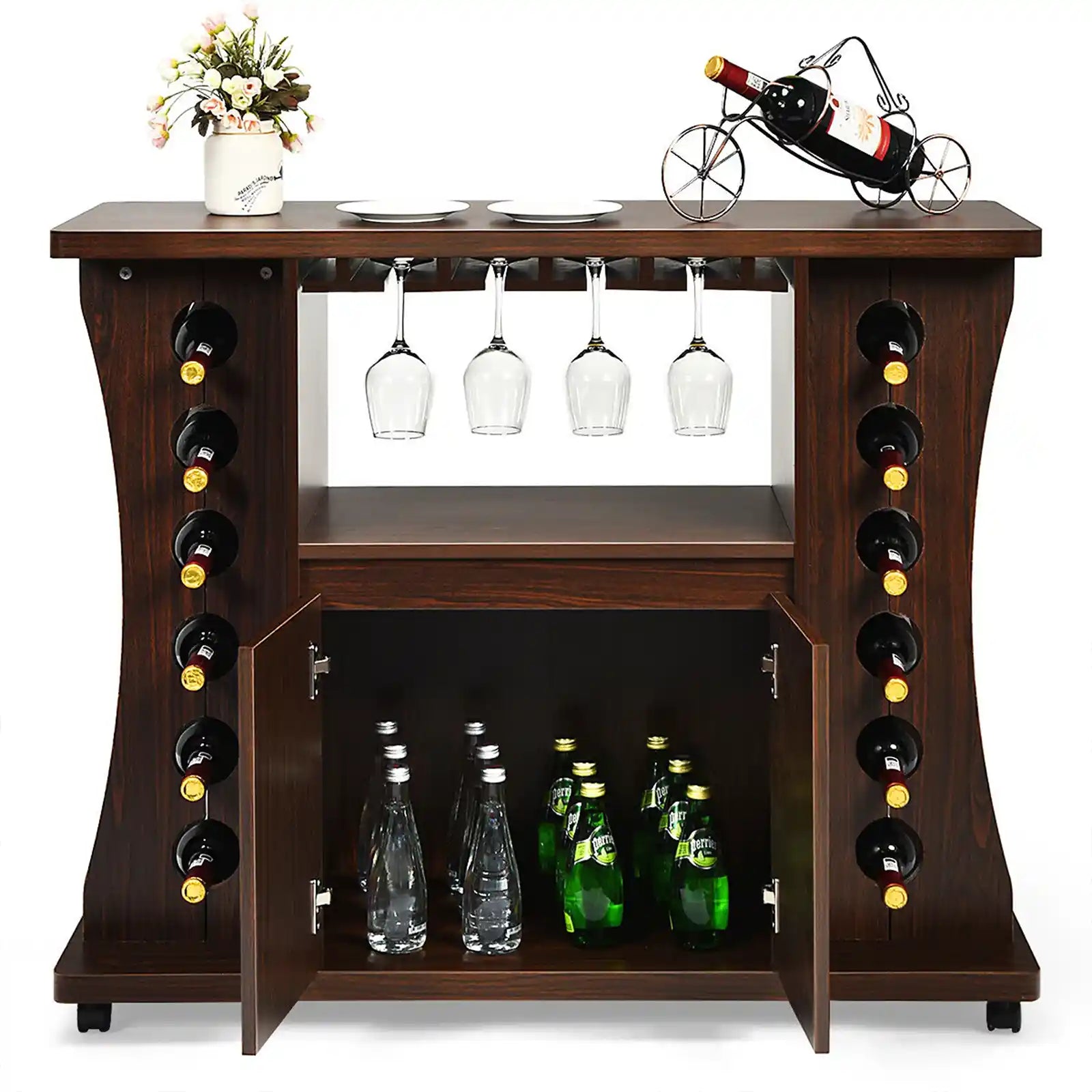 Rolling Buffet Sideboard, Wooden Bar Storage Cabinet