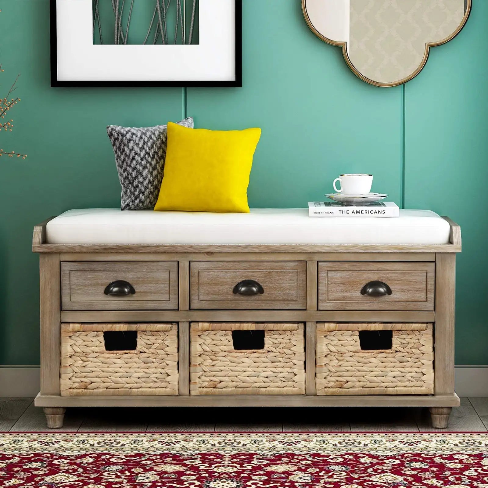 Wood Storage Bench Homes Collection with 3 Removable Rattan Baskets and 3 Drawers