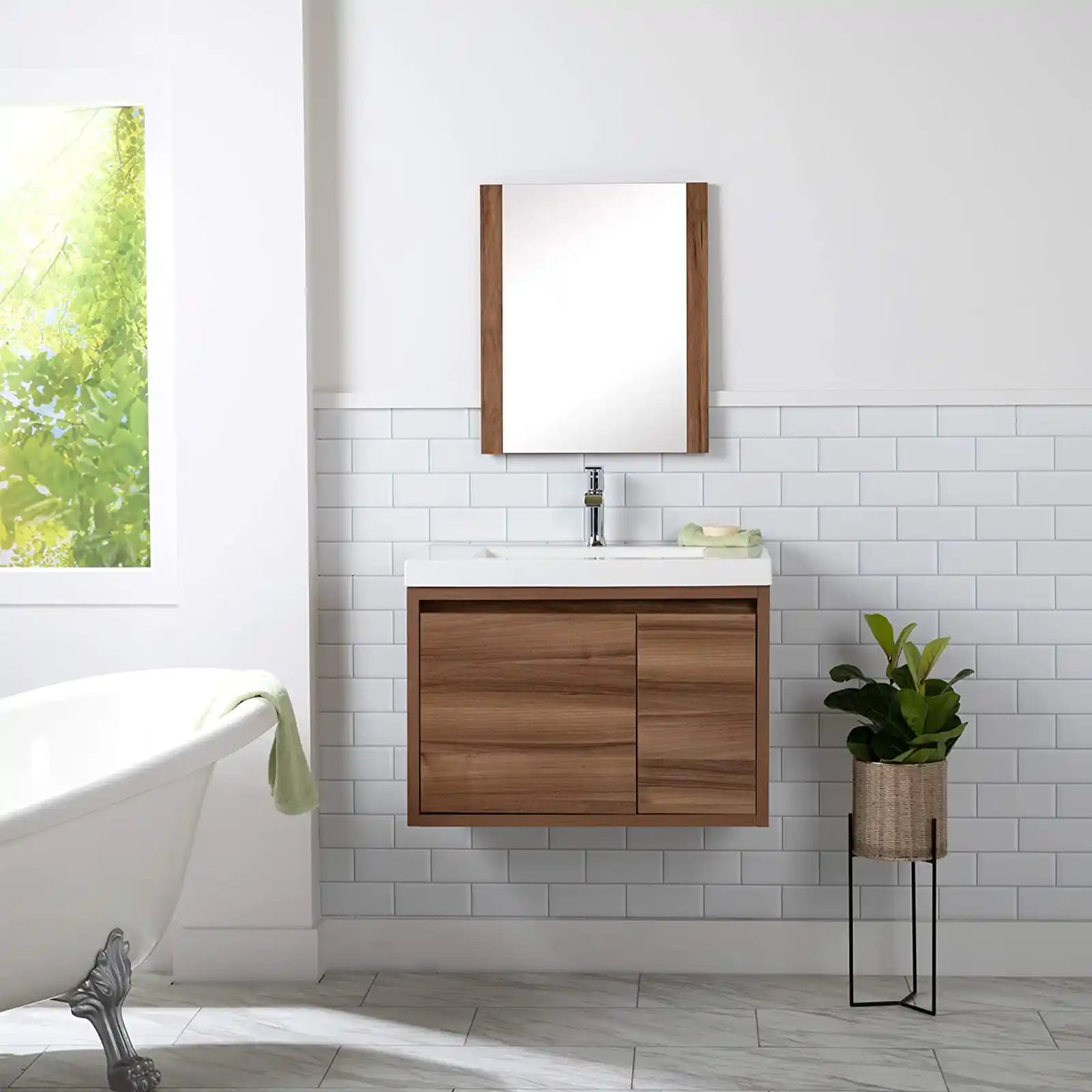 Tocador de baño de madera con lavabo 