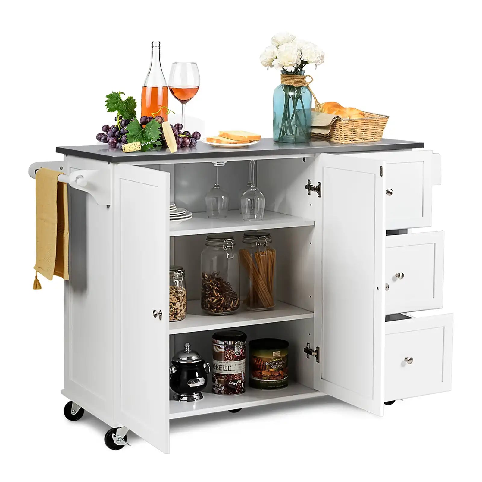 Kitchen Island 2-Door Storage Cabinet Stainless Steel Top with Drawers