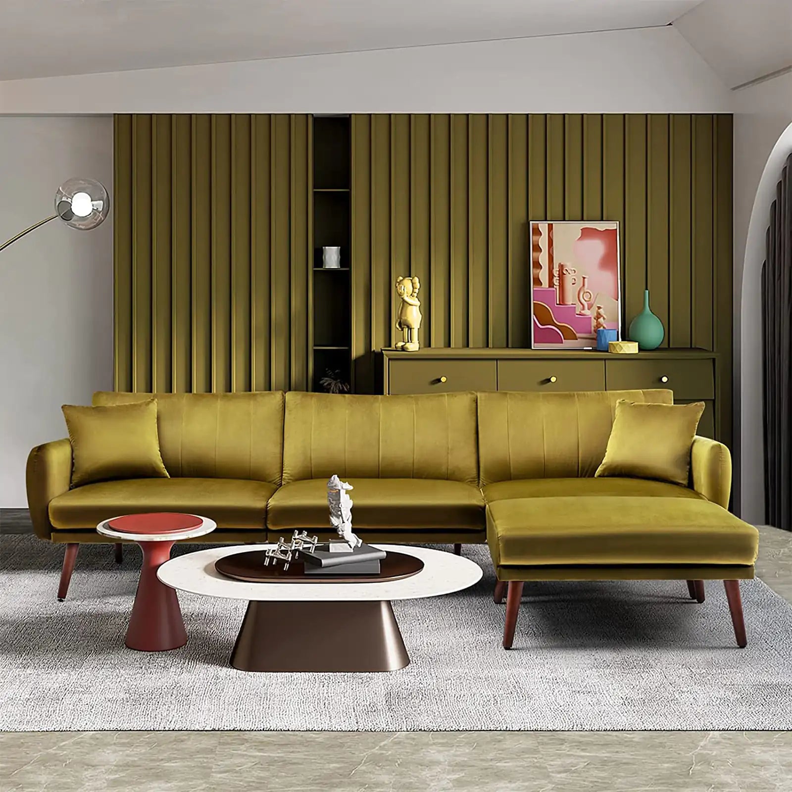 Sofá moderno de gran tamaño en forma de L de tela de terciopelo con respaldo ajustable