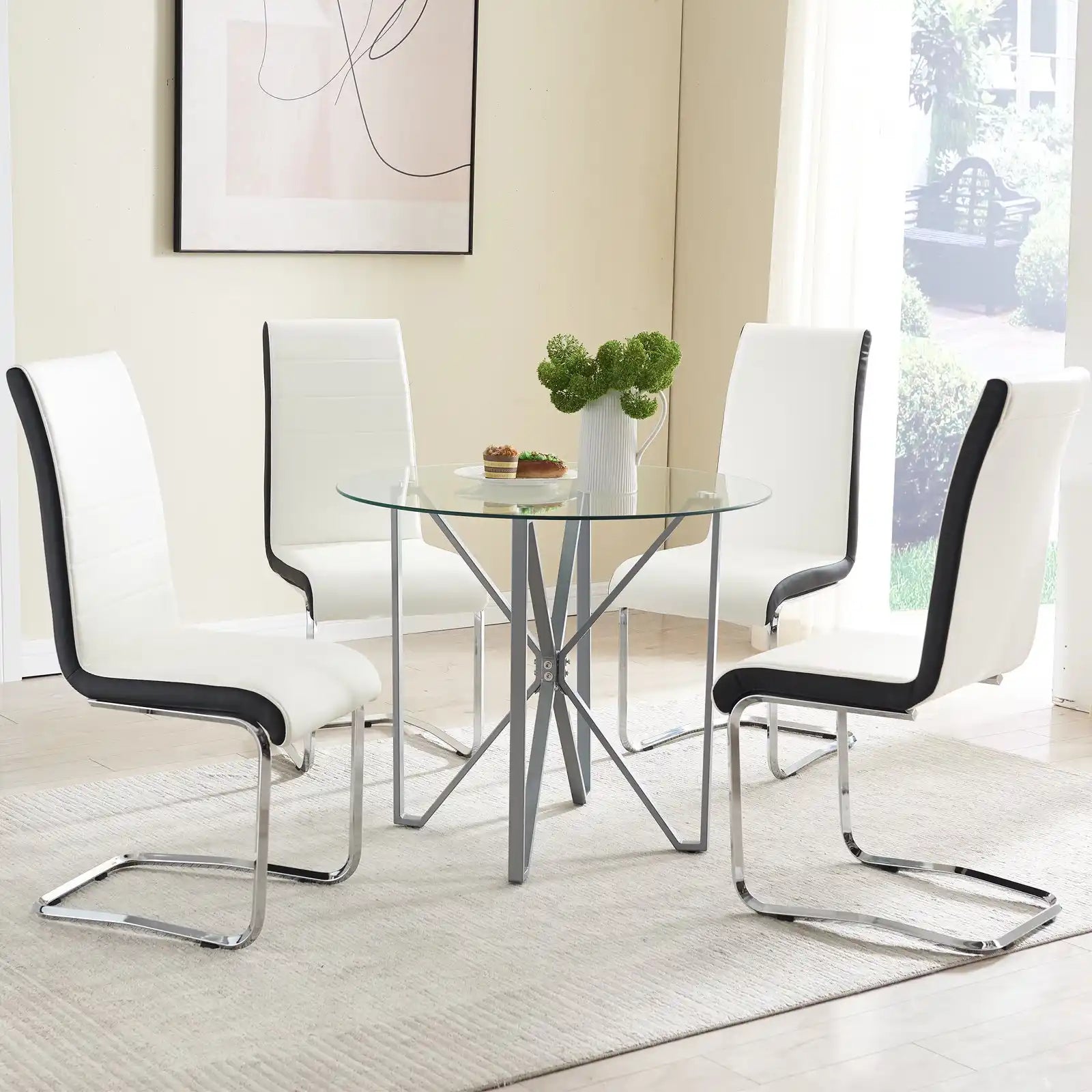 Tempered Glass Kitchen Table with 4 White Faux Leather Dining Chairs