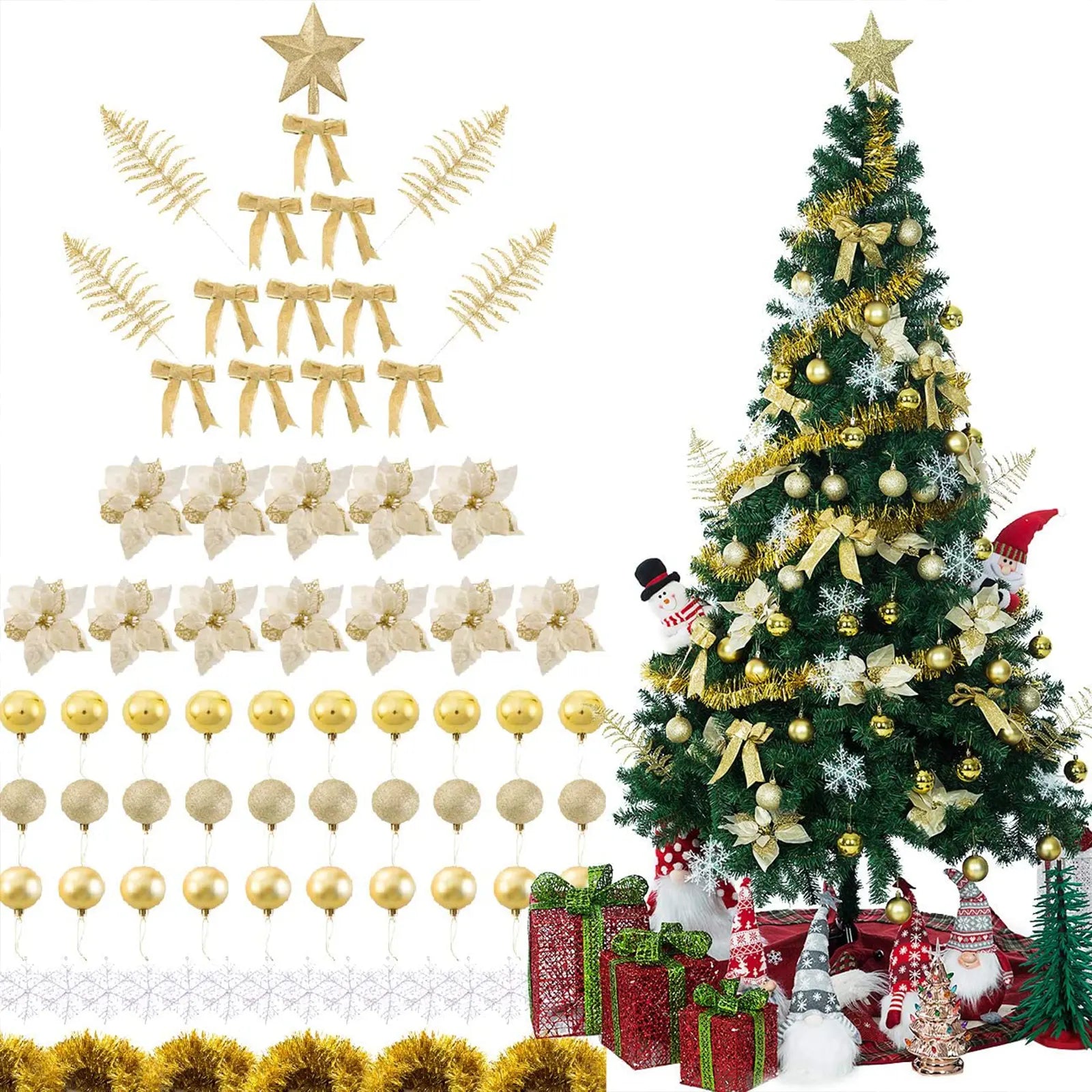 94 PCS Christmas Tree Ornaments Set with Glitter Poinsettia, Bows, Ribbons, Leaves & Assorted Decoration Ball