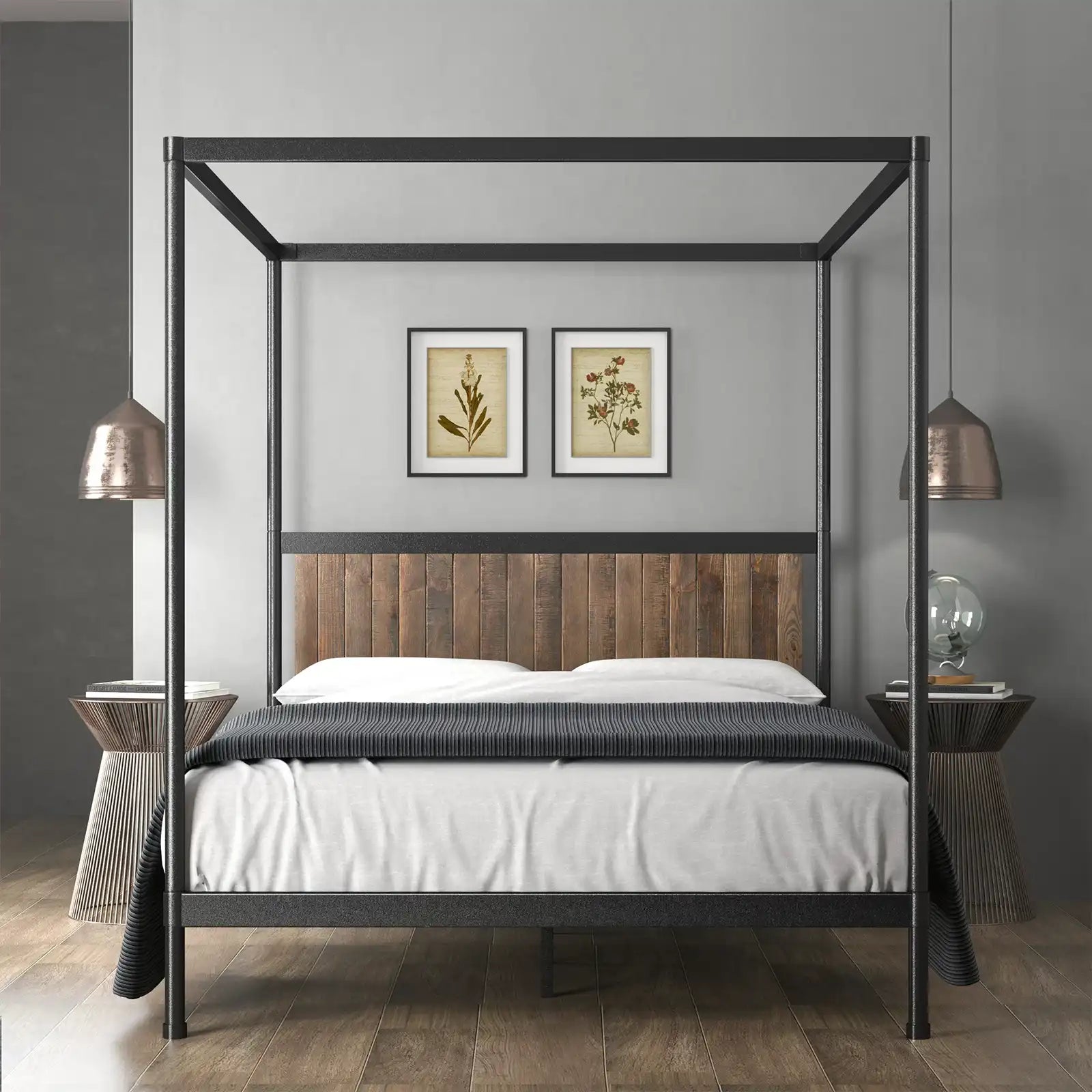 Metal and Wood Canopy Platform Bed Frame