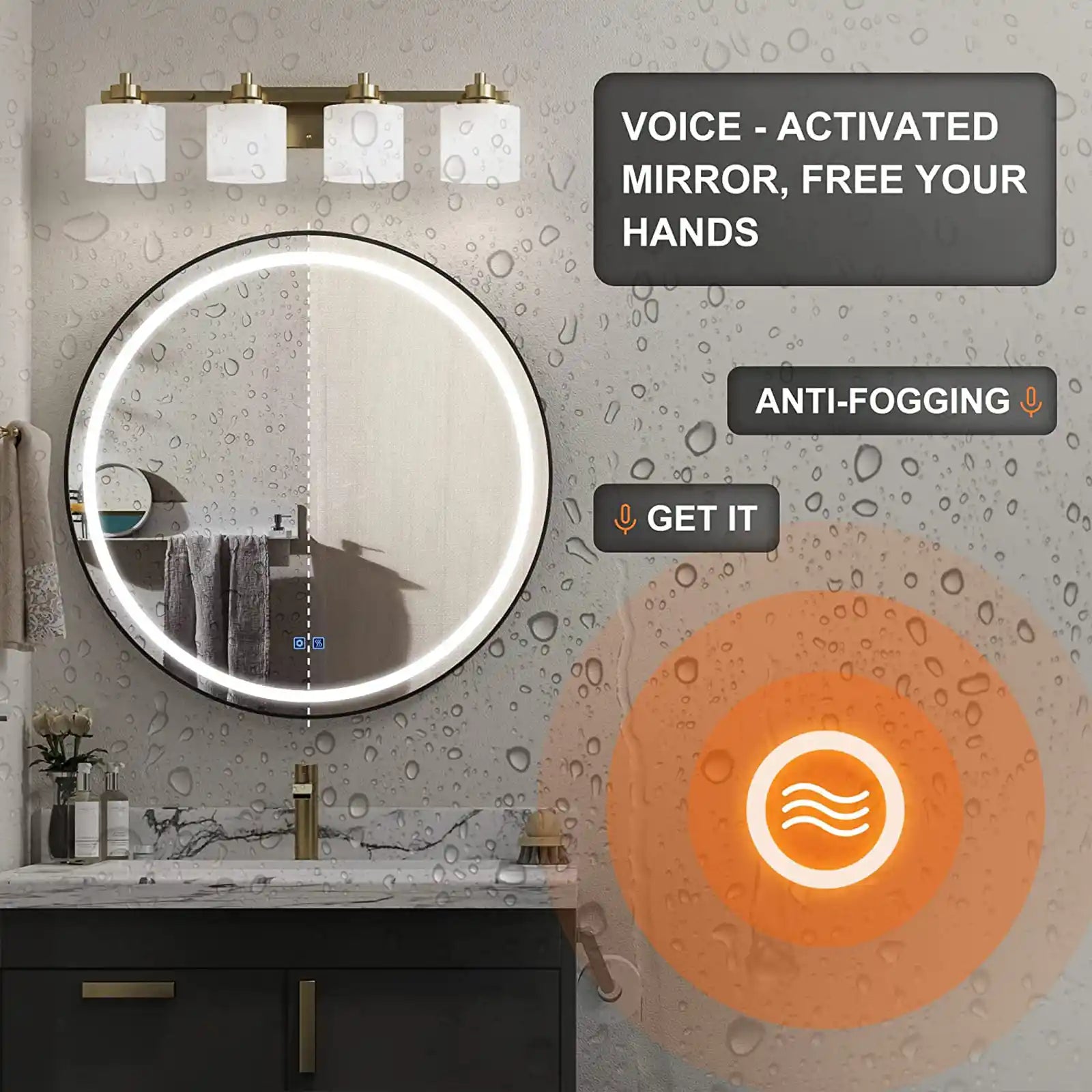 Espejo de pared para tocador de baño, redondo, LED, contemporáneo, negro, con control por voz