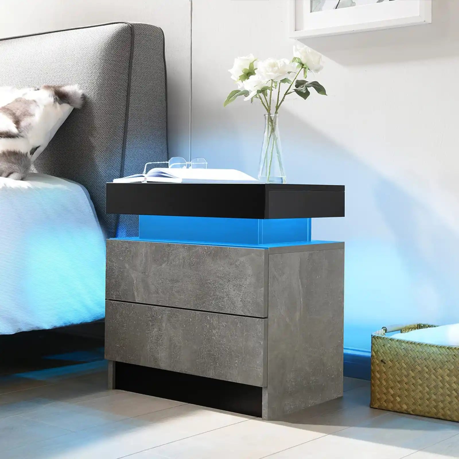 Bedside Table with 2 Drawers, LED Nightstand Wooden Cabinet Unit with LED Lights