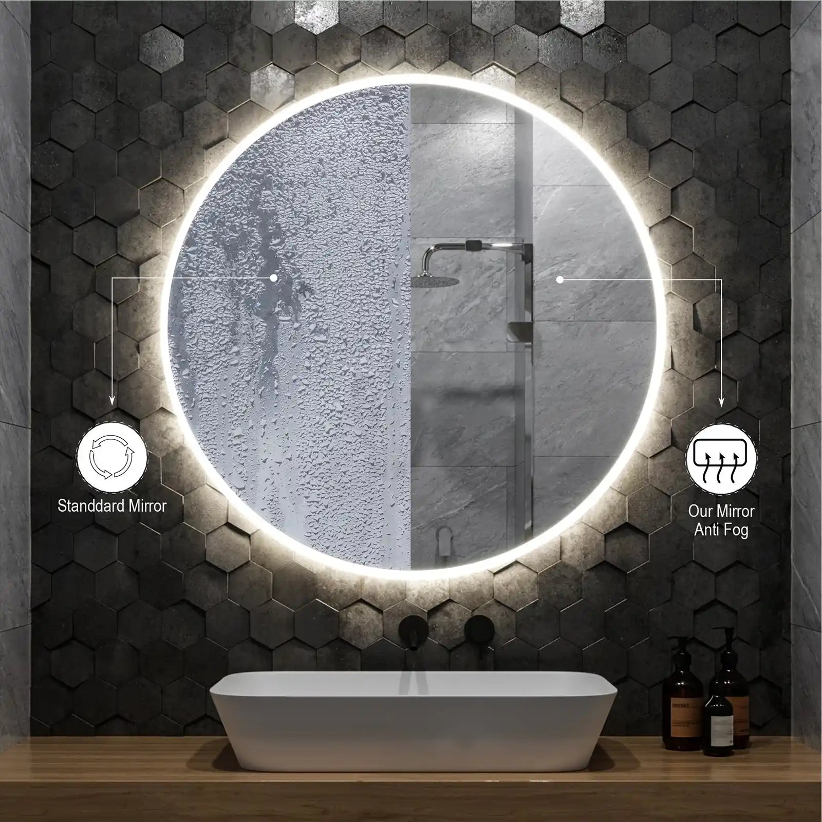 Espejo de pared redondo para baño con iluminación LED retroiluminada 