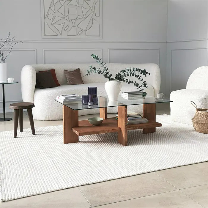 Large Unbreakable Glass Coffee Table with Solid Wood Legs, Walnut Wooden End, Side Accent Table, Unique Low Center Table, Tempered Glass Top