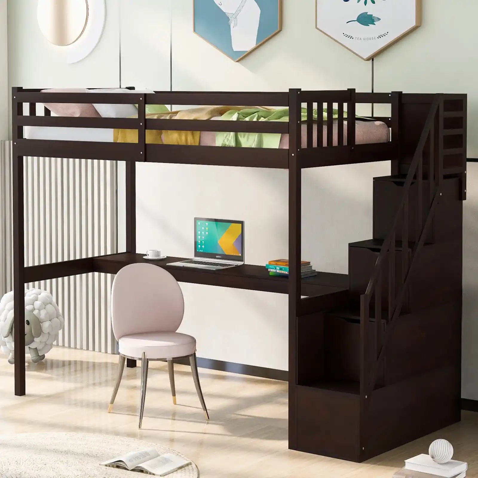 Twin Loft Bed with Storage Staircase and Built-in Desk