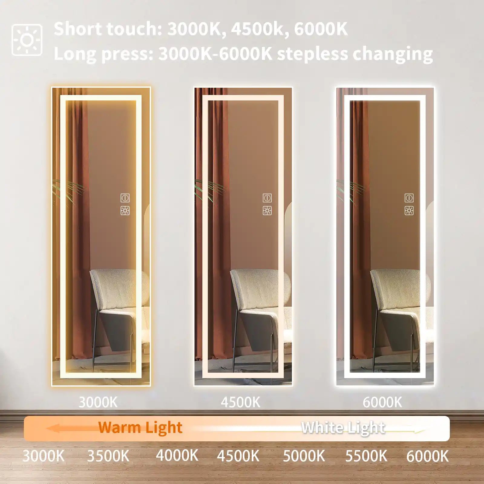 Length Mirror with Lights with Dimming & 3 Color Modes