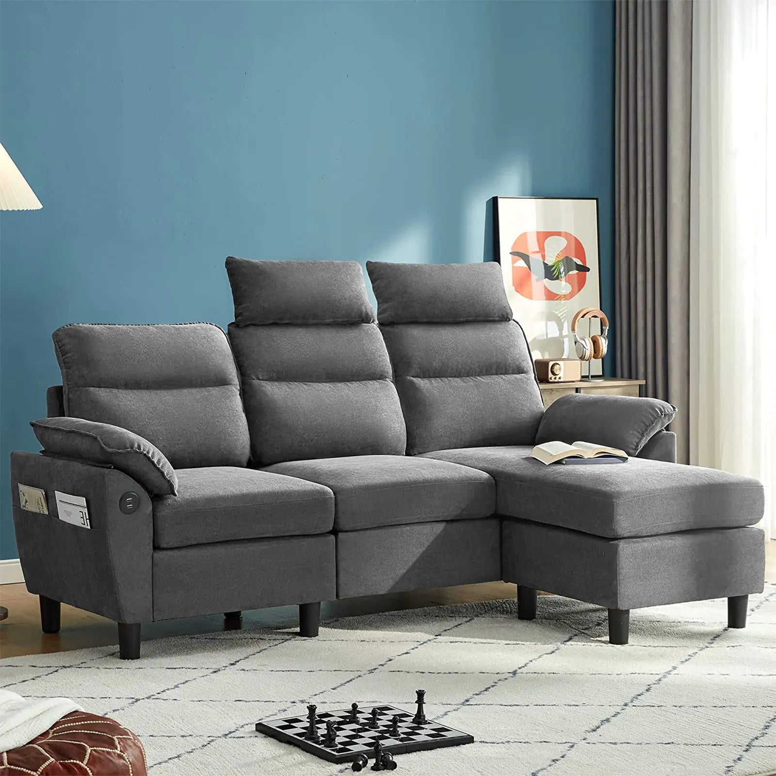 Convertible Sectional Sofa with 2 USB Ports and Storage Bags