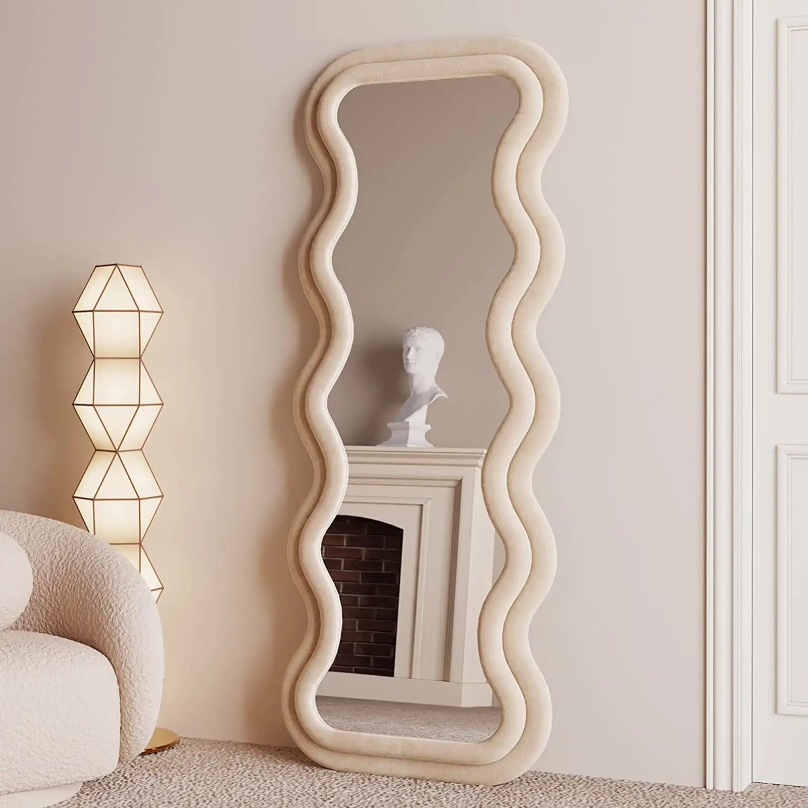 Full Length Mirror 63"x24", Irregular Wavy Mirror, Wave Arched Floor Mirror, Wall Mirror Standing Hanging or Leaning Against Wall for Bedroom, Flannel Wrapped Wooden Frame