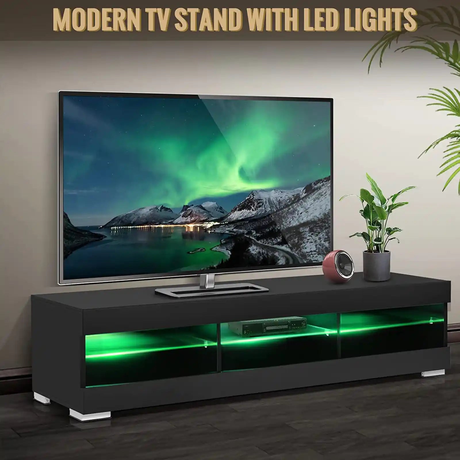 Soporte para TV LED con luces LED para TV de 65 pulgadas, centro de entretenimiento moderno con almacenamiento