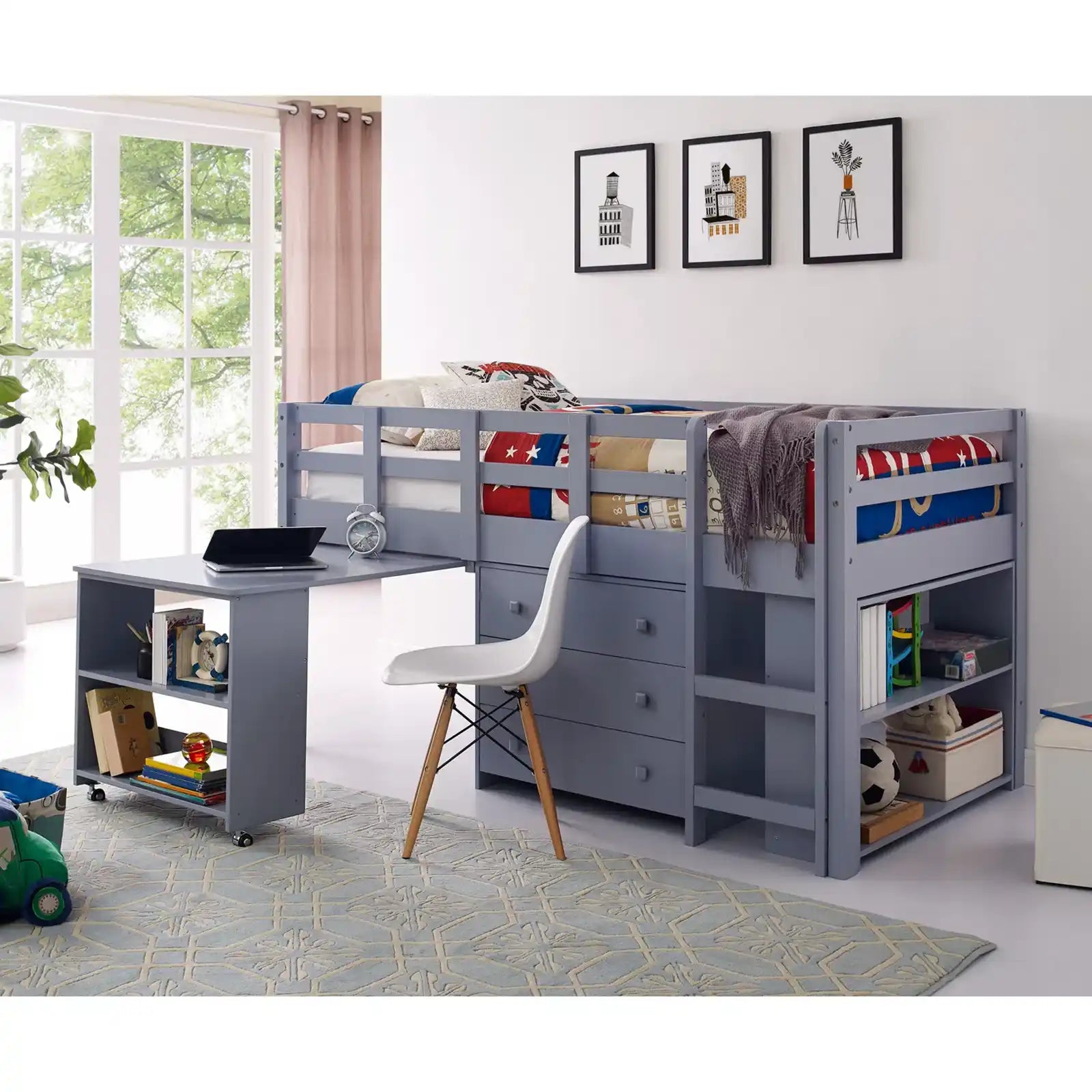Cama doble con escritorio Estudio bajo Cama alta para niños con escritorio y espacio de almacenamiento 