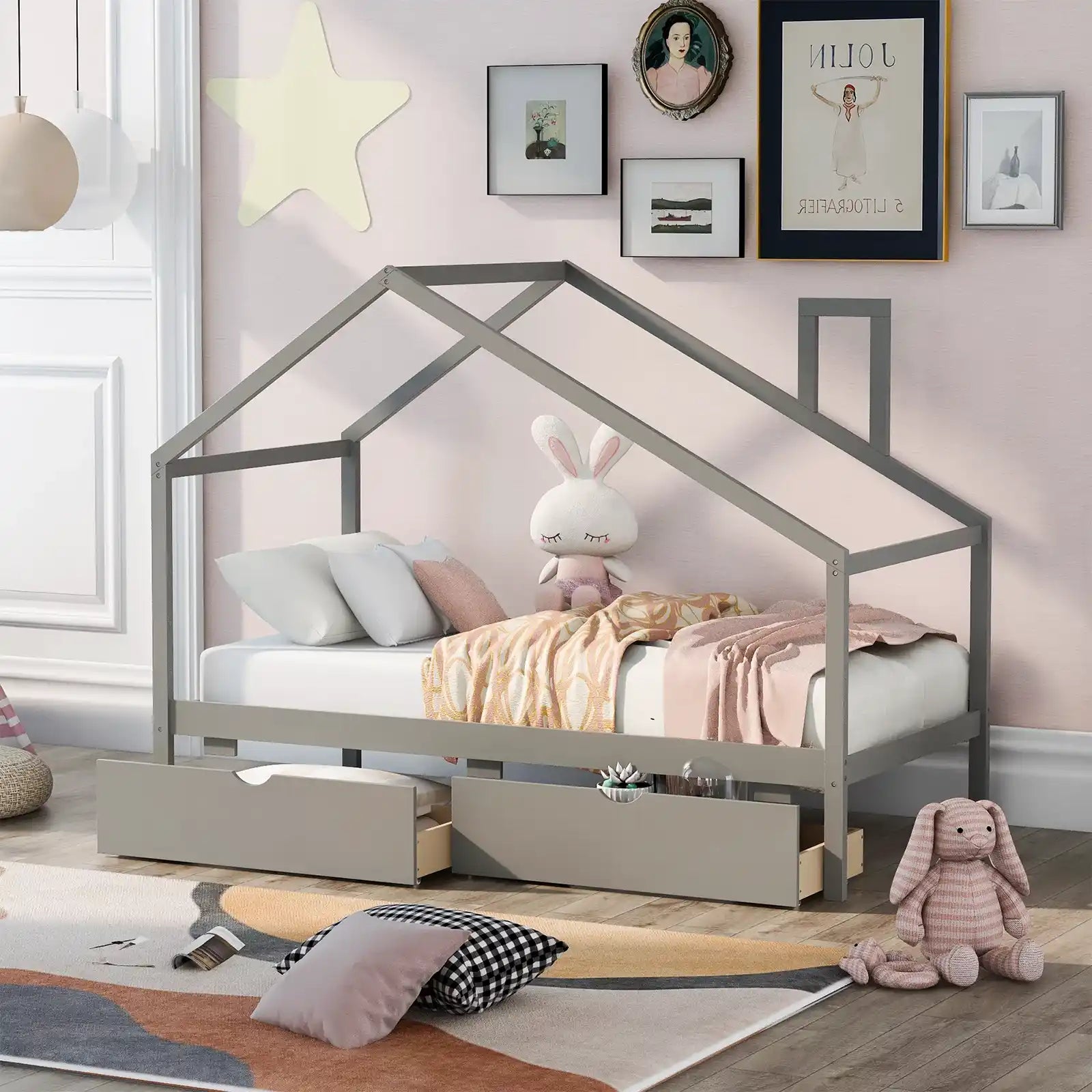 Twin Size House Bed with Roof & 2 Storage Drawers for Kids