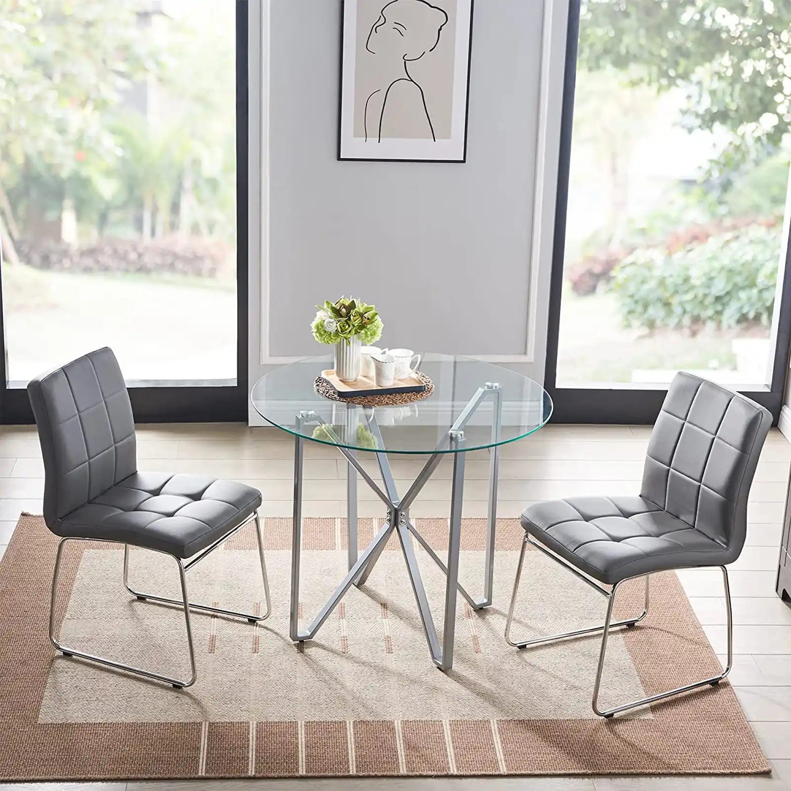 Modern Tempered Glass Kitchen Table with 2 Faux Leather Dining Chairs
