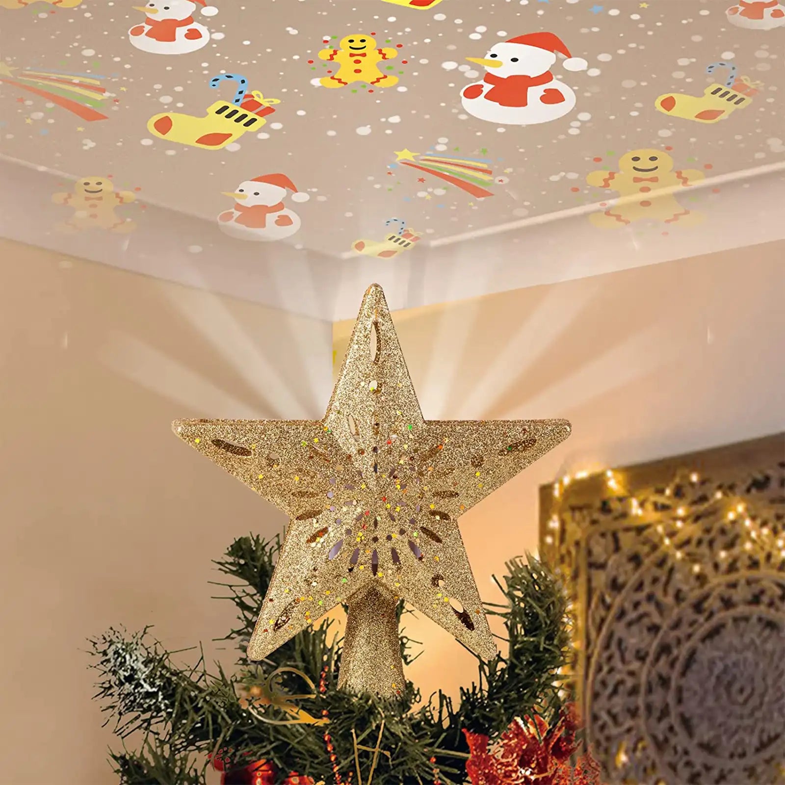 Christmas Star Tree Topper with Built-in Led Snowflake Projector Lights